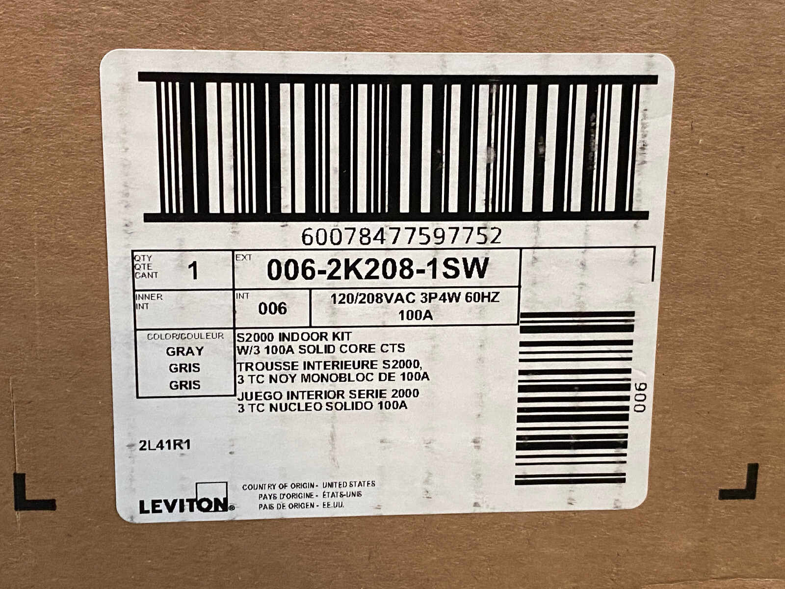 Leviton 2K208-1SW Series 2000 Indoor Usage Meter 3 Solid Core CTs 480V 100A