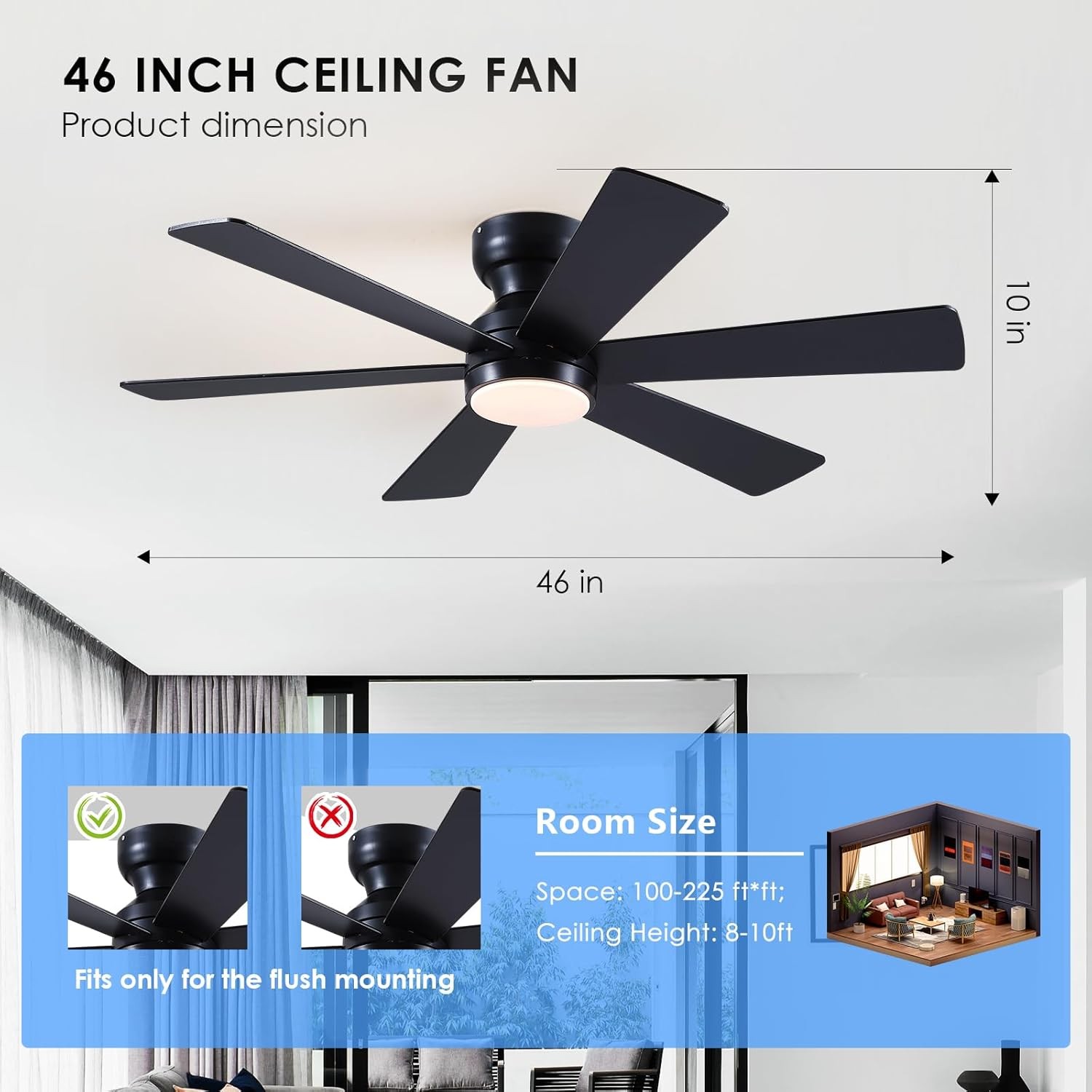 Ceiling Fans with Lights,46" Low Profile Ceiling Fan with Light and Remote