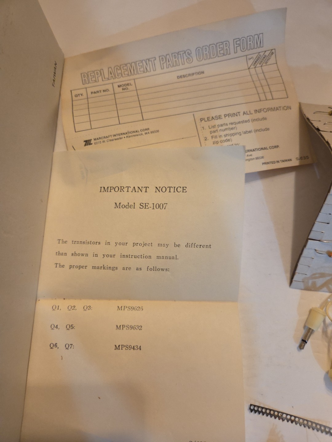 Marcraft SE-1007 Transistor Radio Kit - Not Complete