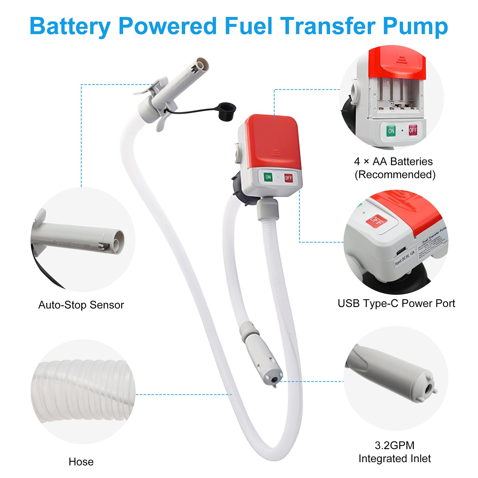 2in1 Automatic Portable Fuel Transfer Pump, Auto-Stop for Gas Diesel&Oil 3.2 GPM