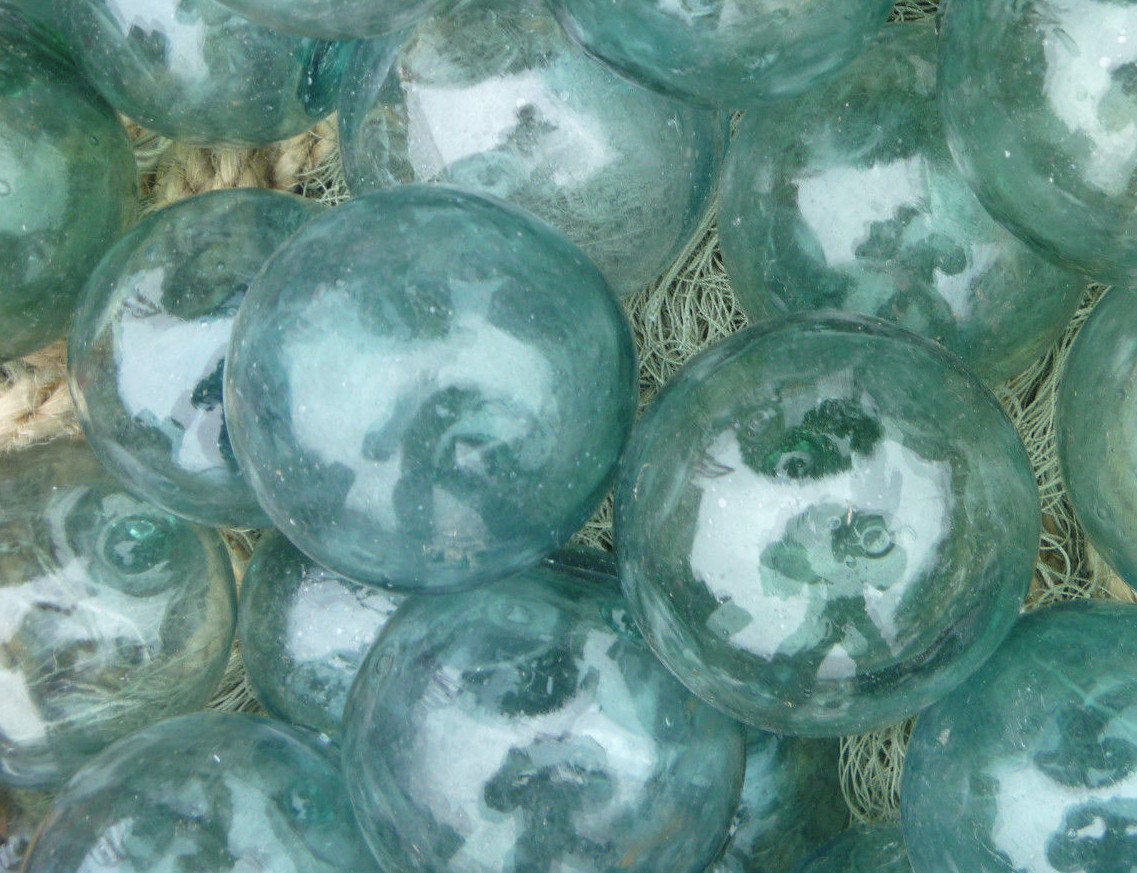 Japanese GLASS Fishing FLOATS 3" LOT-5 Round Net Buoy BALLS Authentic Vtg USA BZ