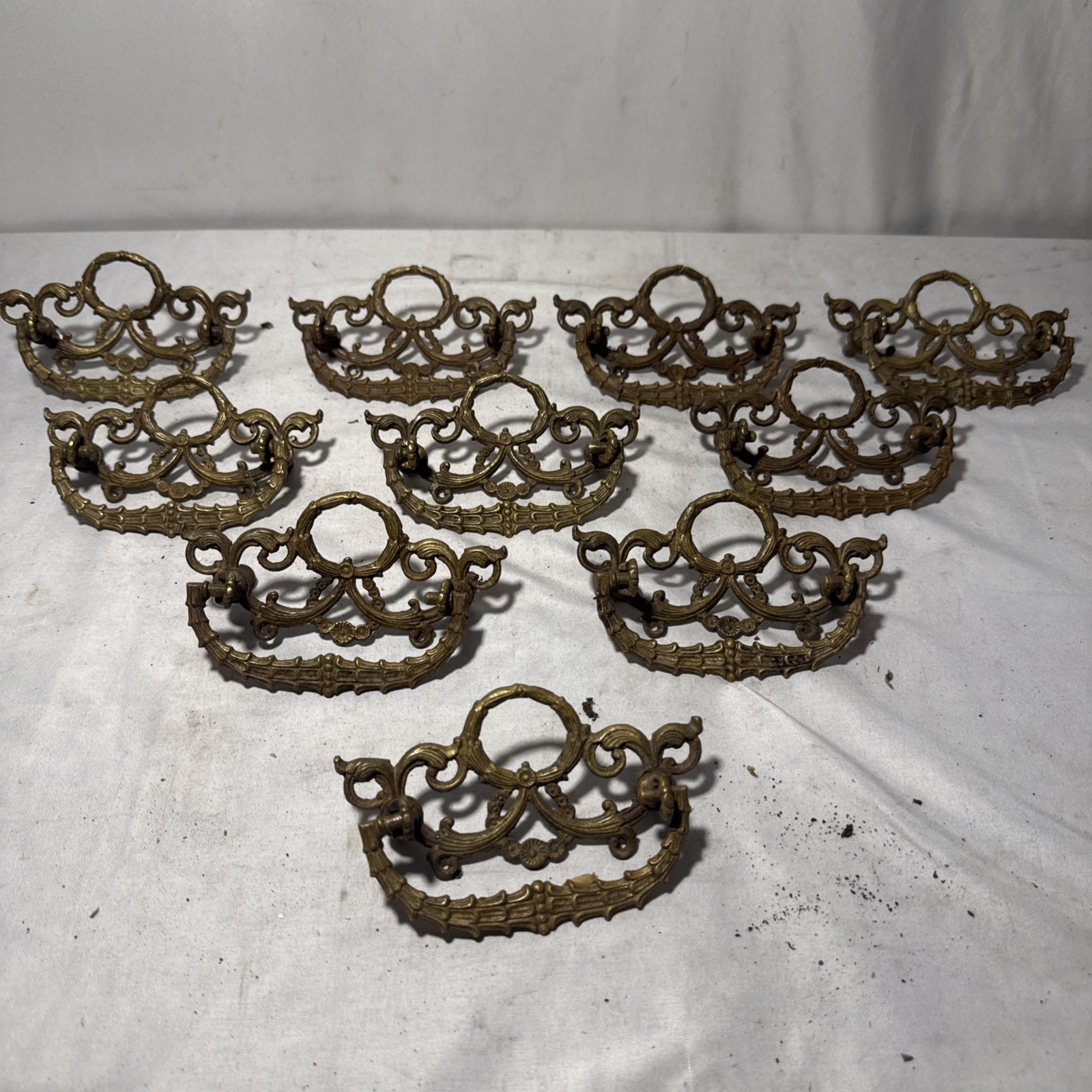 10 Ornate Filagreed  Antique Brass Pull Drawer Cabinet Handle Ornate Hardware