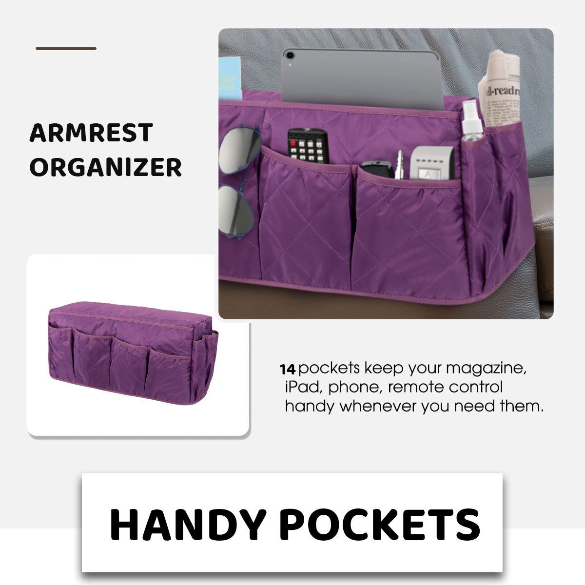 Armrest Organizer TV Remote Holder 14 Pocket Caddy for Couch Sofa Recliner Chair