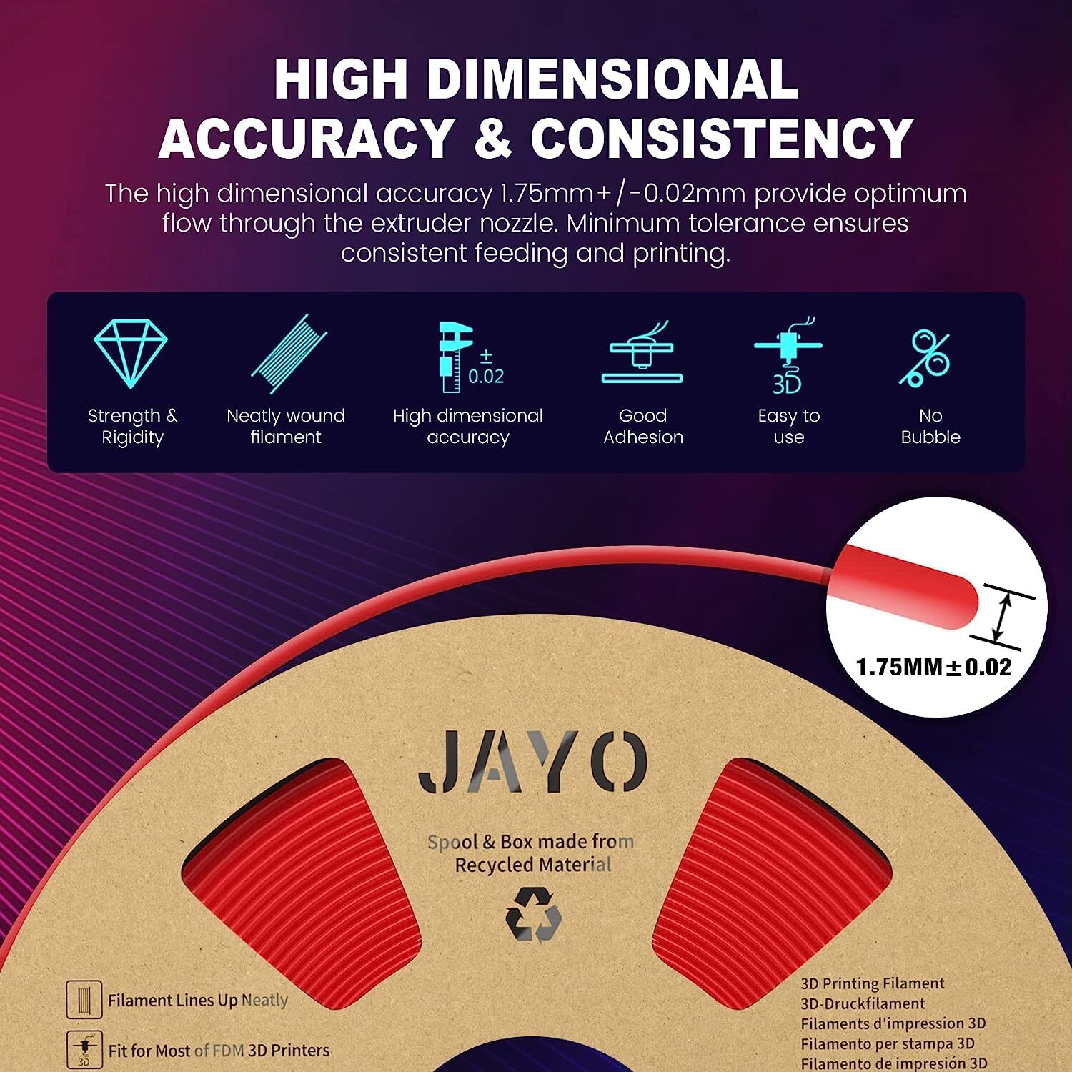 JAYO PLA Matte PETG PLA+ SILK ABS TPU 1.75mm Filament 1.1KG Spool Neatly Wound