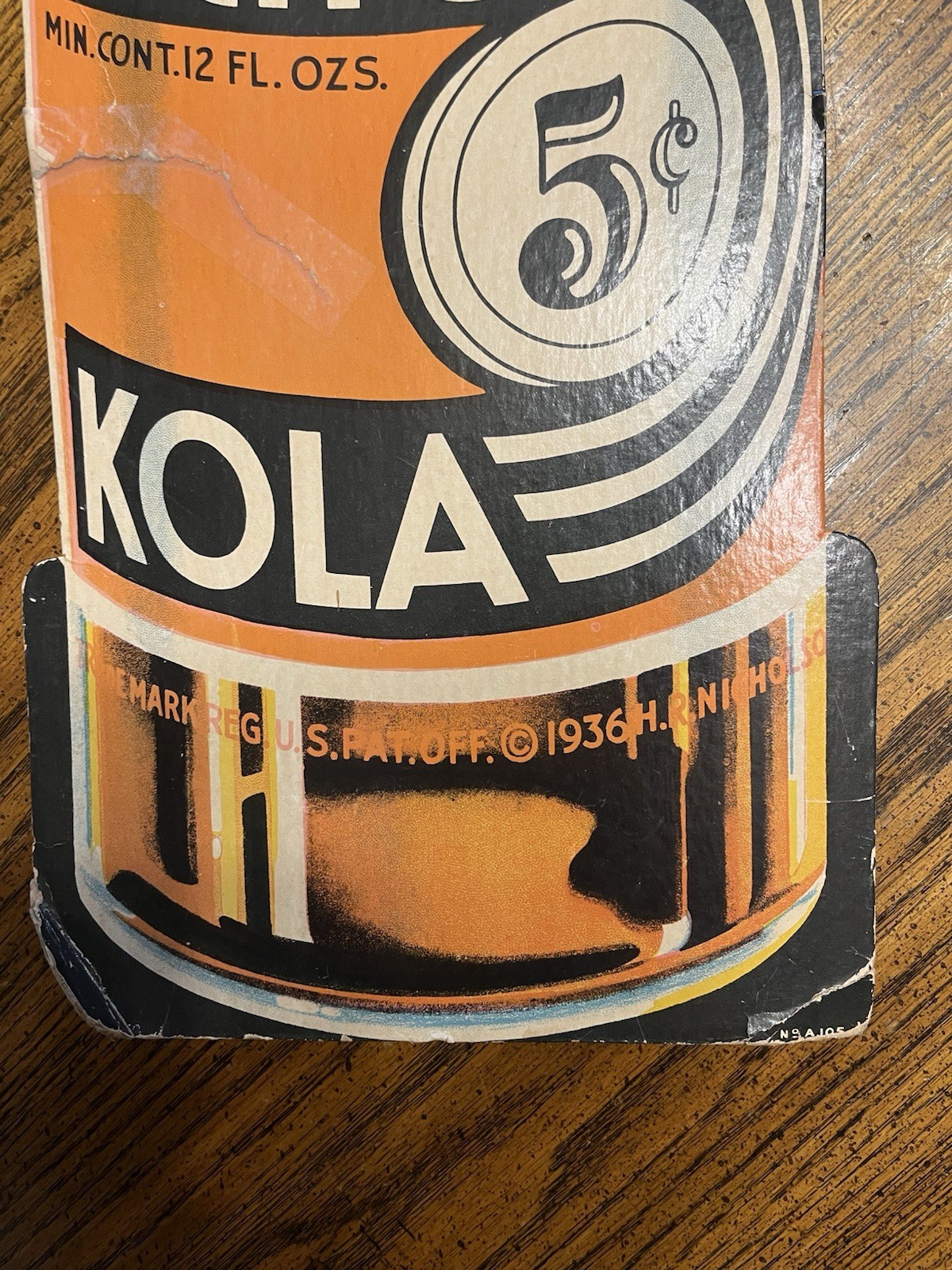 Antique 1936 Nichol Kola Cardboard Soda Bottle Advertising Sign