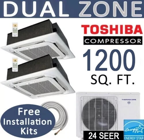 24000 BTU Dual Zone Ductless Mini Split AC Heat Pump: 12000x2 Ceiling Cassette