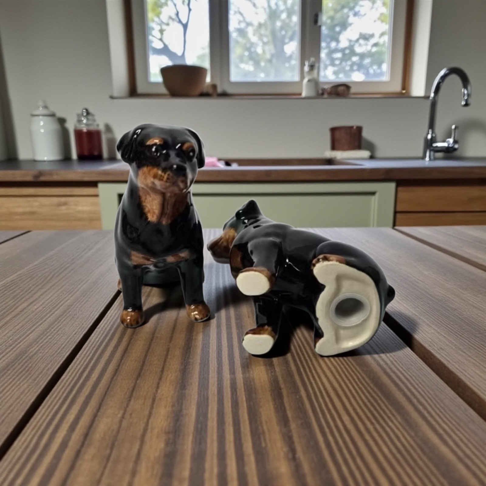 SET Salt&Pepper Shaker Ceramic Rottweiler Dog Figurine Hand Painted Home Decor