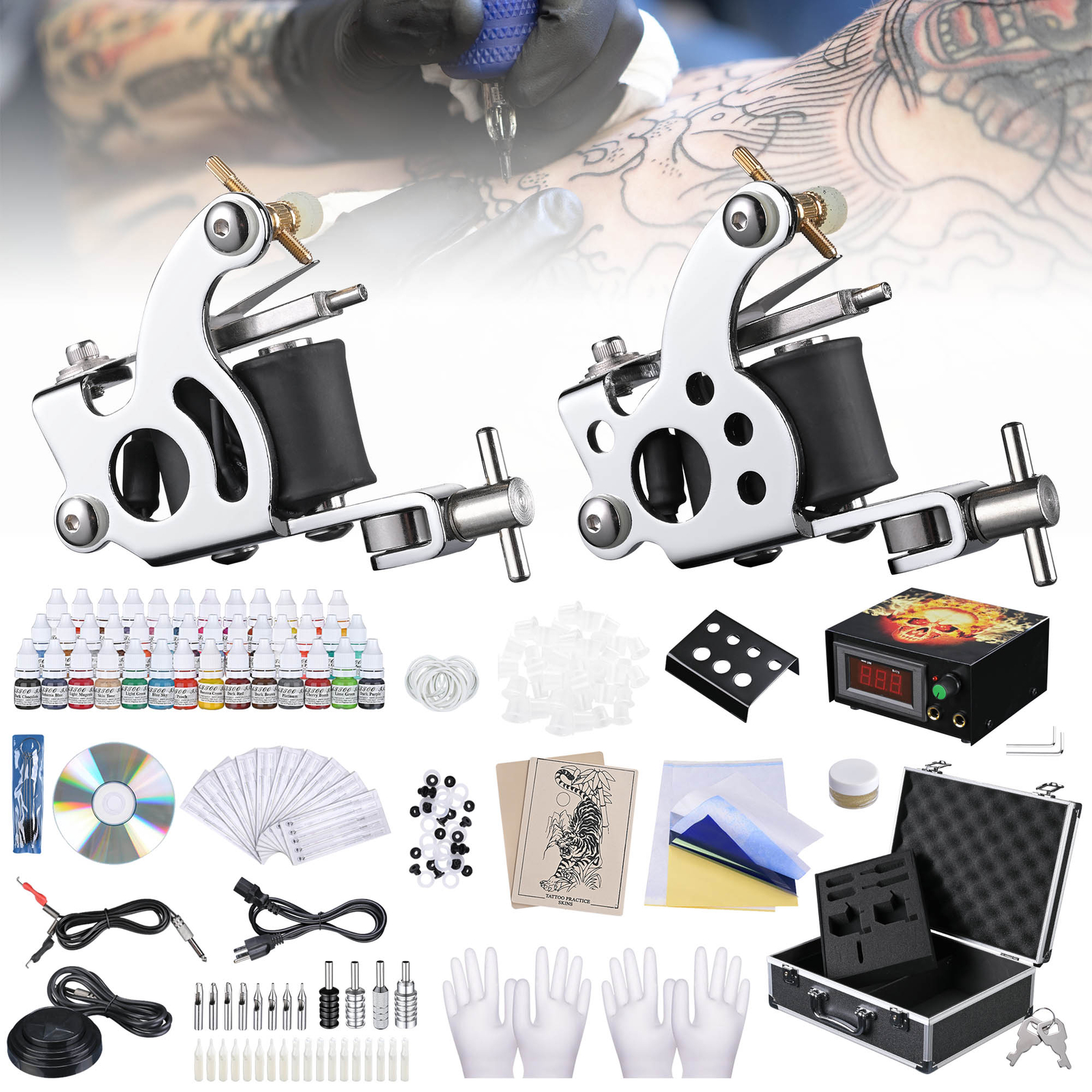 Complete Tattoo Kit 2 Machine Guns 40 Ink Power Supply Needles Grip for Beginner