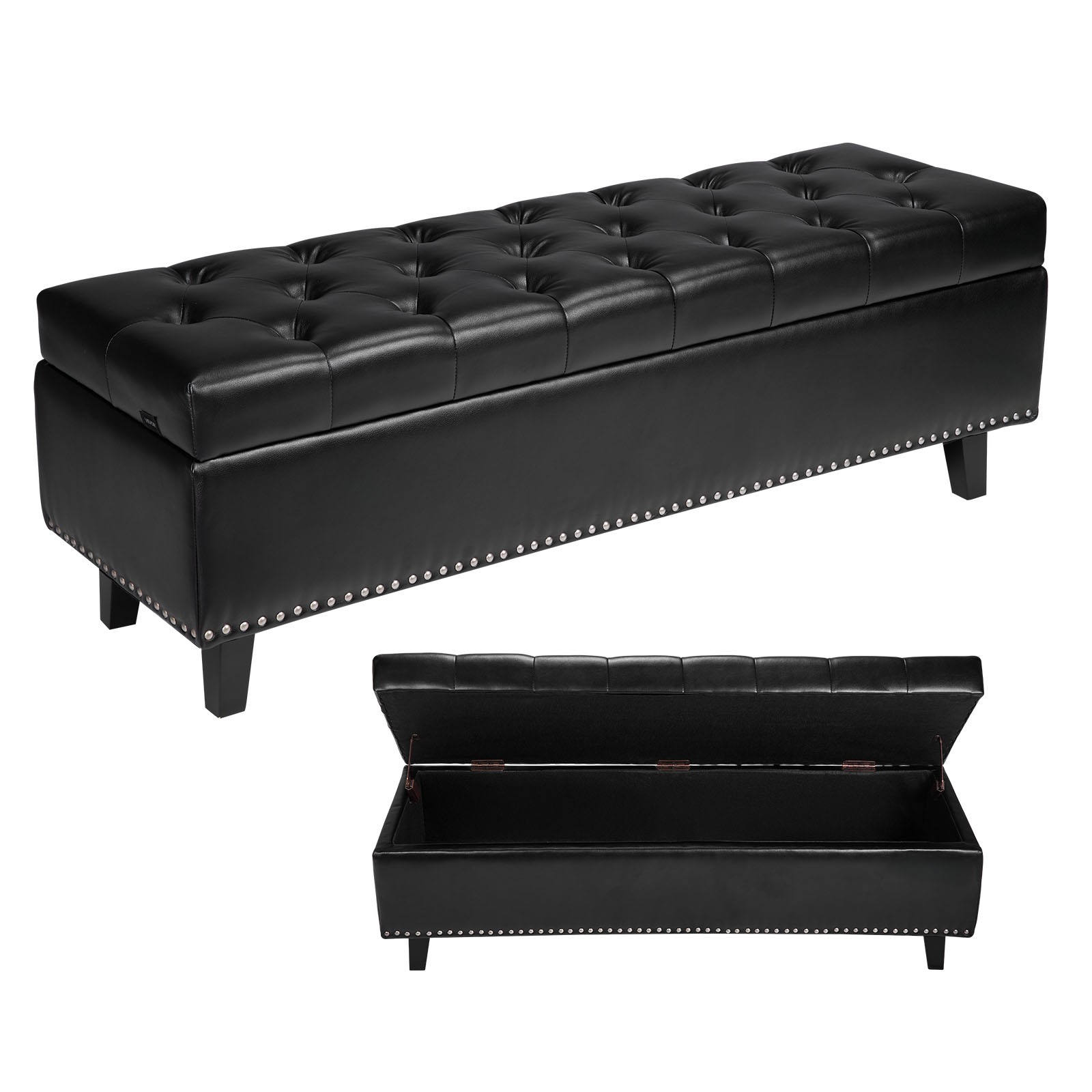 Button-Tufted Storage Ottoman Bench PU Leather Bench with Wood Legs Black