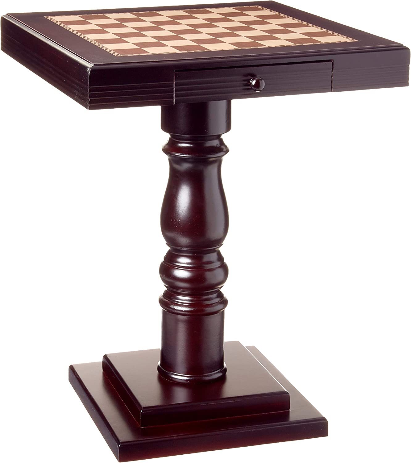 Solid Wood Pedestal Chess Game End Table Board Top Mahogany Finish Side Accent