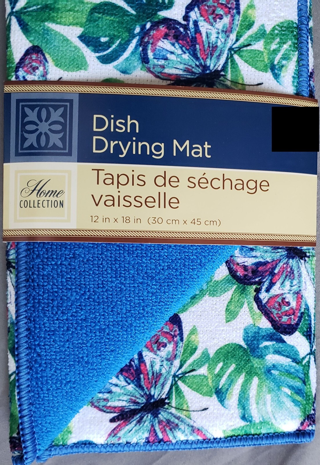 Microfiber Dish Drying Mat (12"x18") BUTTERFLIES & TROPICAL LEAVES, blue back,GR