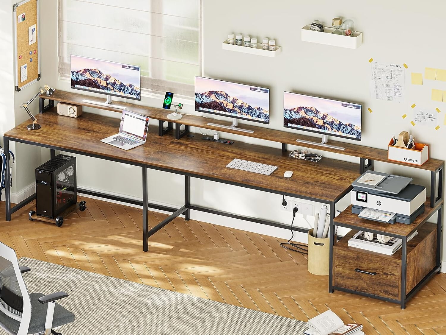 L Shaped Desk with Monitor Shelf 66" Home Office Desk w/Led Lights &Power Outlet