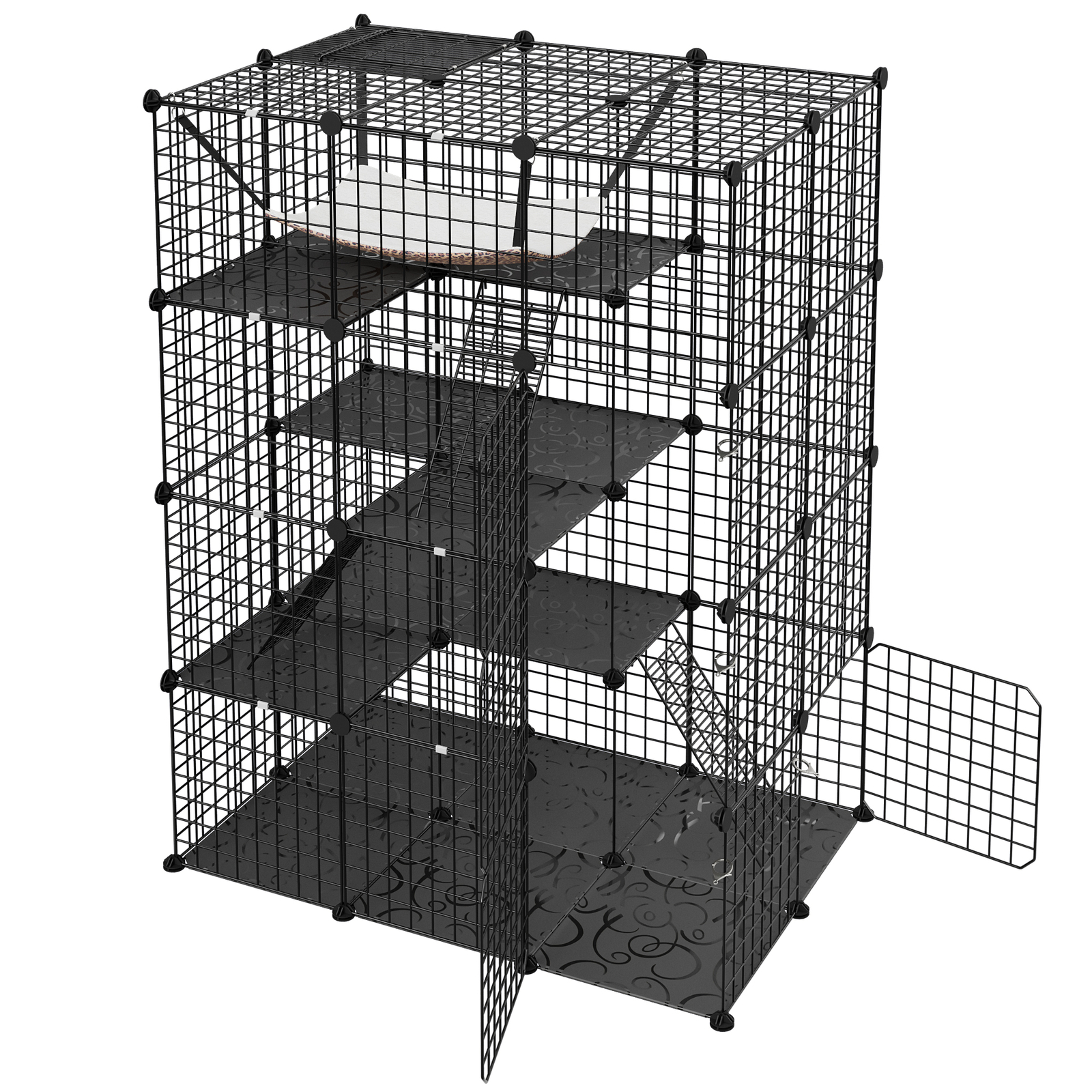 4-Tier Cat Cage DIY Enclosures Large Space Cat Crate Playpen with Hammock Black