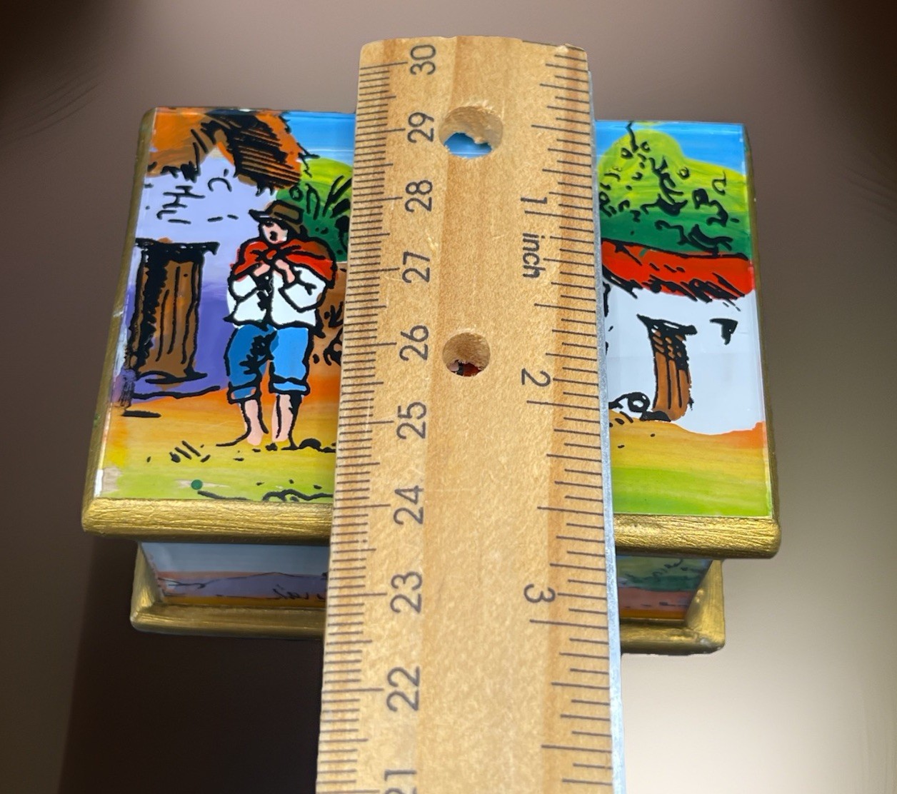 Peru Folk ART Peruvian Village Reverse Glass Painting Wooden Mini Trinket Box