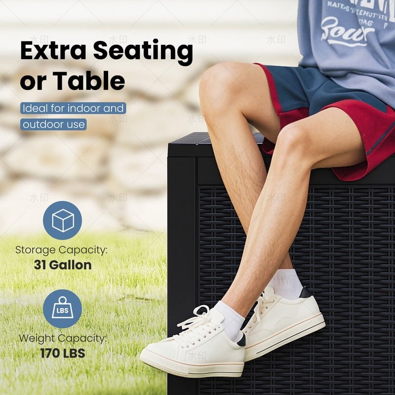 31 Gallon Resin Deck Box, Waterproof UV Resistant Outdoor Storage Box