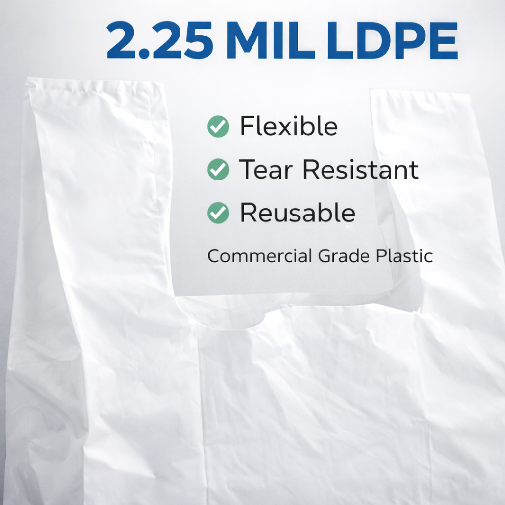 2.25 Mil Reusable Grocery White T-Shirt Bags 12x7x20 Extra Heavy Duty