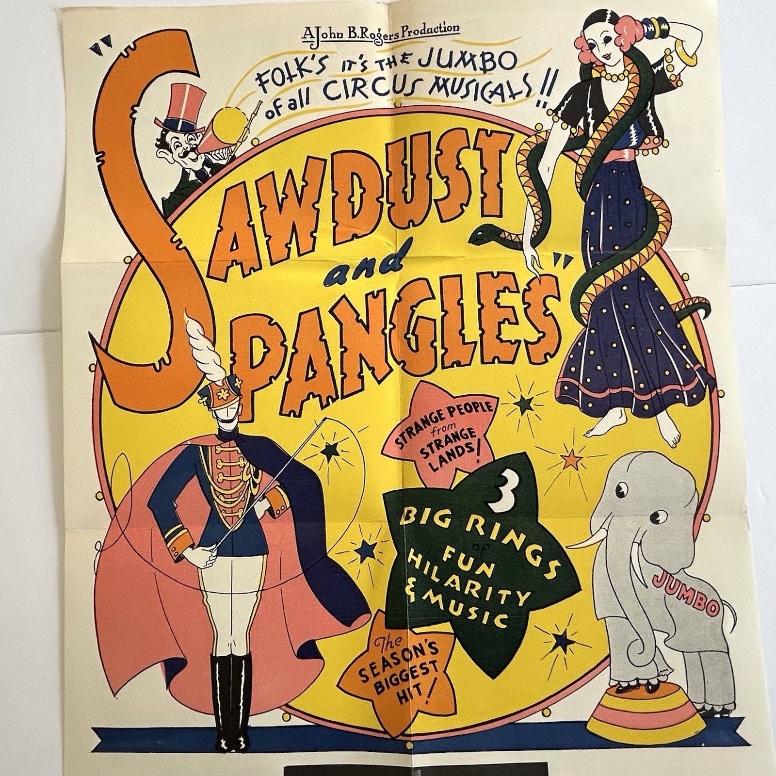 Vintage Theatrical Circus Poster “SAWDUST and SPANGLES” John B. Rogers 1920s-30s