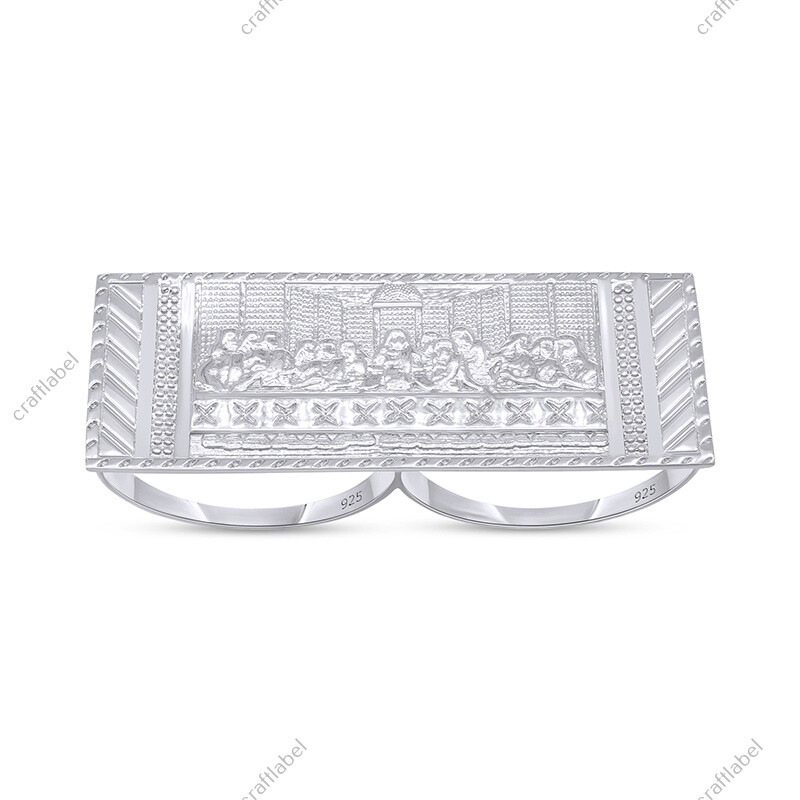 Two Finger Rectangular Last Supper Atlas Men's Ring Solid 925 Sterling Silver