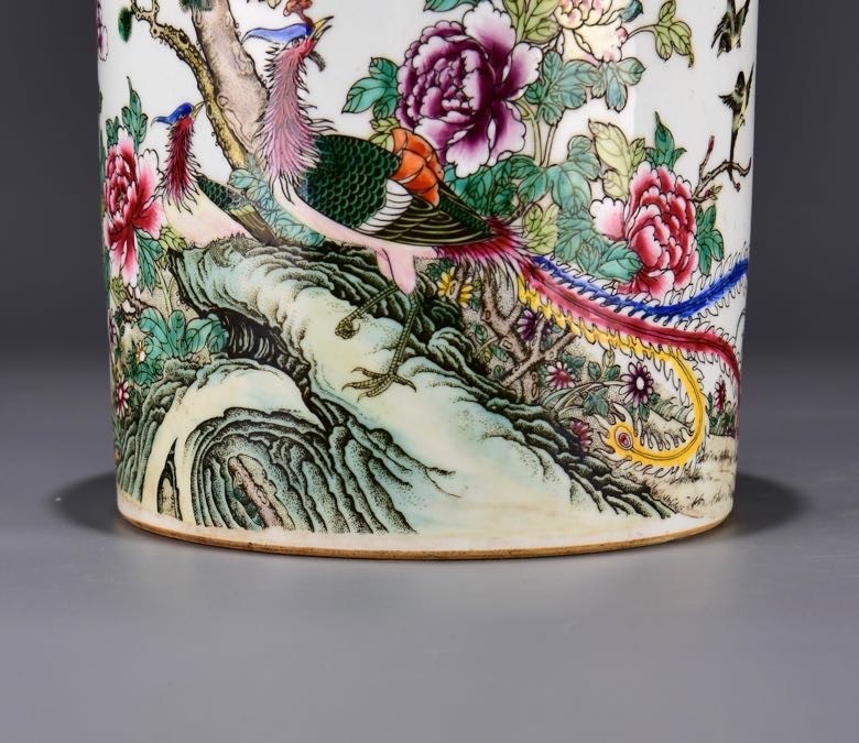 7.8'' YongZheng Marked Famille Rose Porcelain flower bird Brush Pot pencil vase