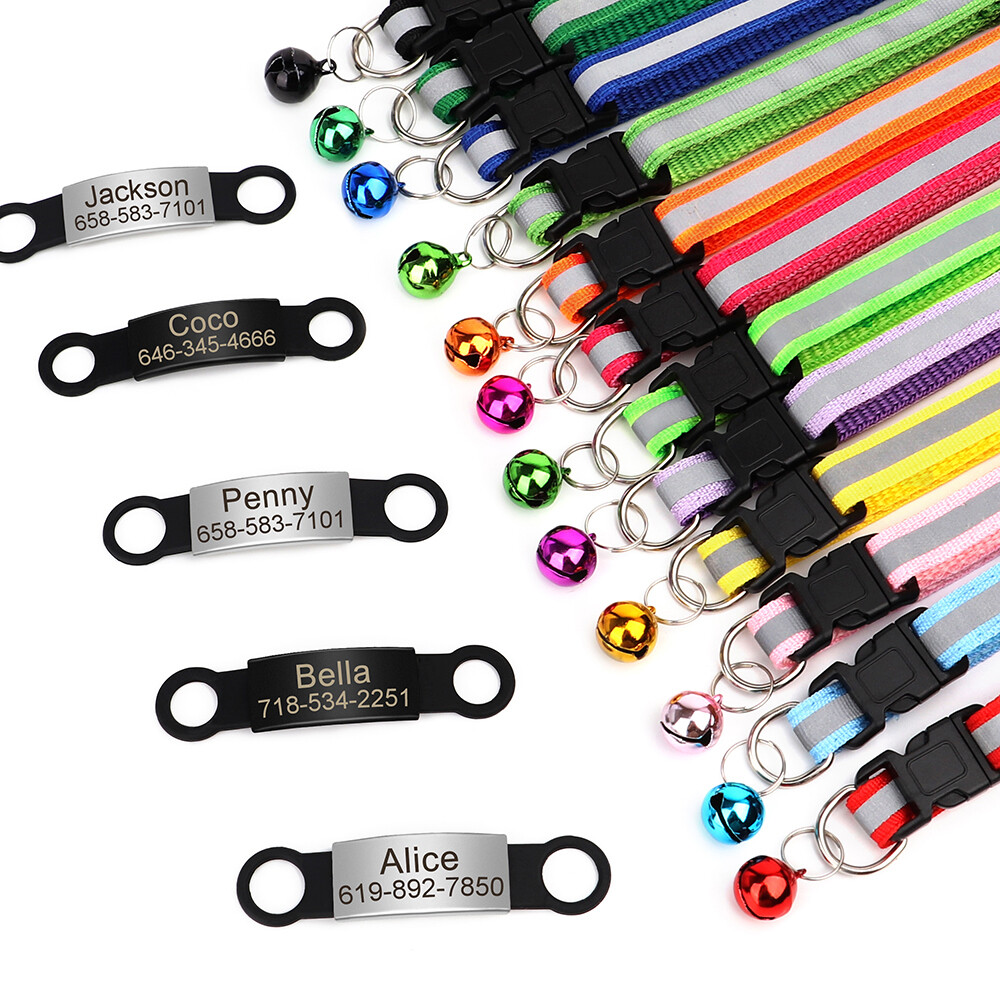 Reflective Personalized Kitten Cat Collar + Bell Engraved Name ID Tag Adjustable