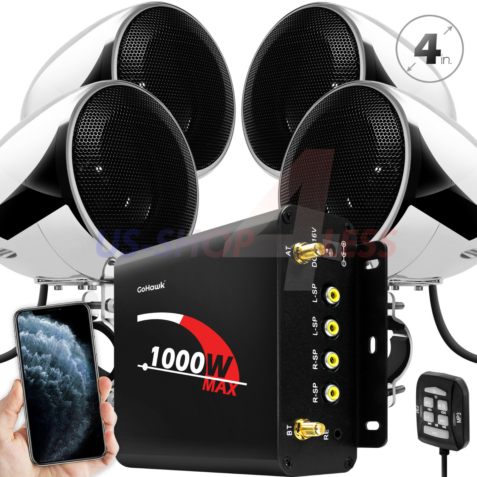 1000W AMP Waterproof Bluetooth Stereo 4 Speaker Audio System USB FM Radio Harley
