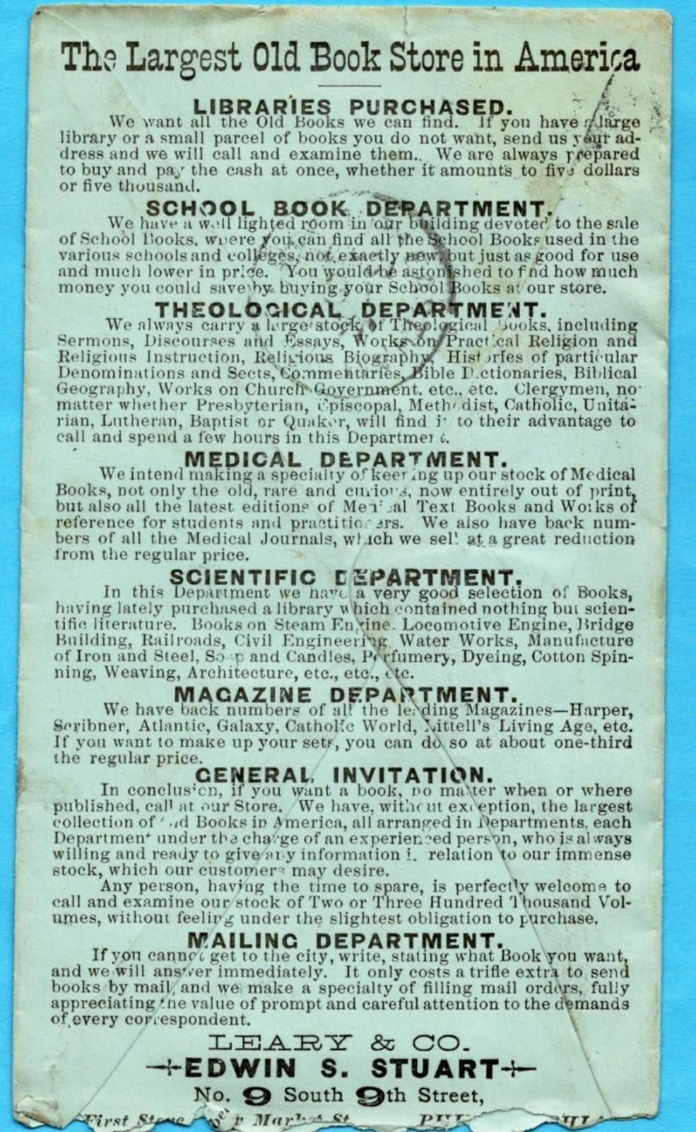 LARGEST OLD BOOK STORE in AMERICA - 1884 PHILA, PA 2-SIDED AD Cover - BLUE PAPER