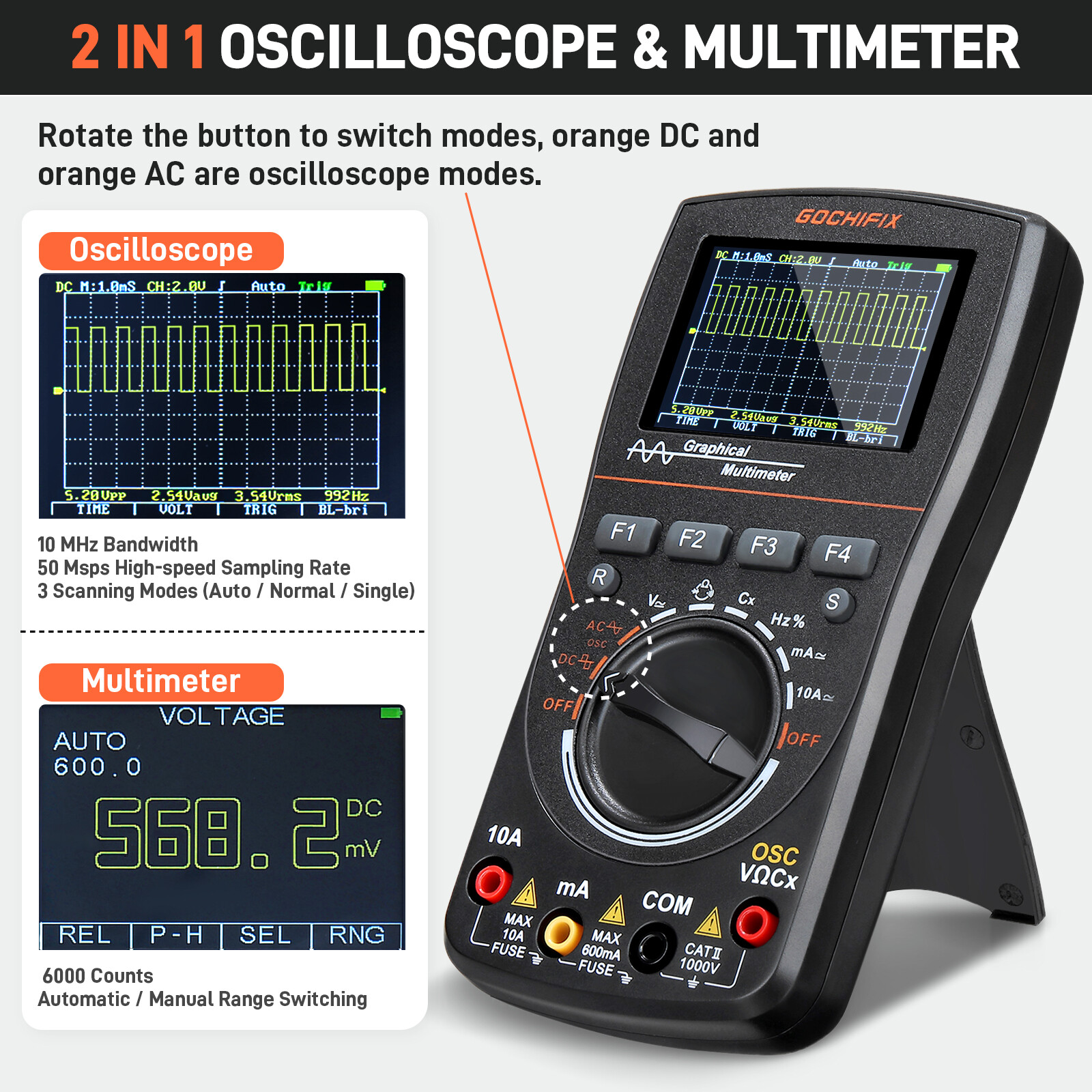 2-in-1 100MHz Handheld Oscilloscope Multimeter with 2.4inch Display with Memory
