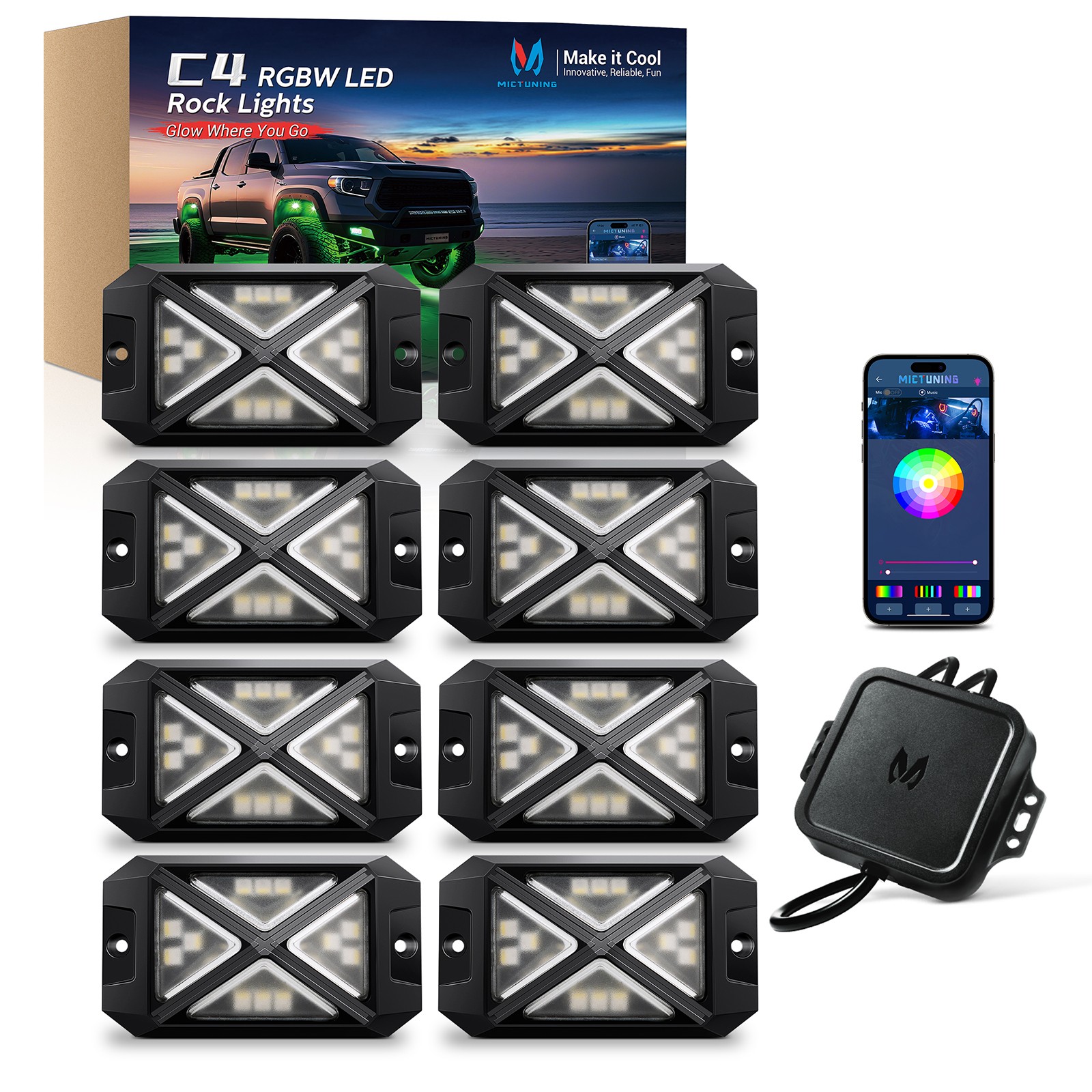 MICTUNING 48W C4 8 Pods RGBW LED Rock Lights, Underglow Neon Accent Lighting Kit