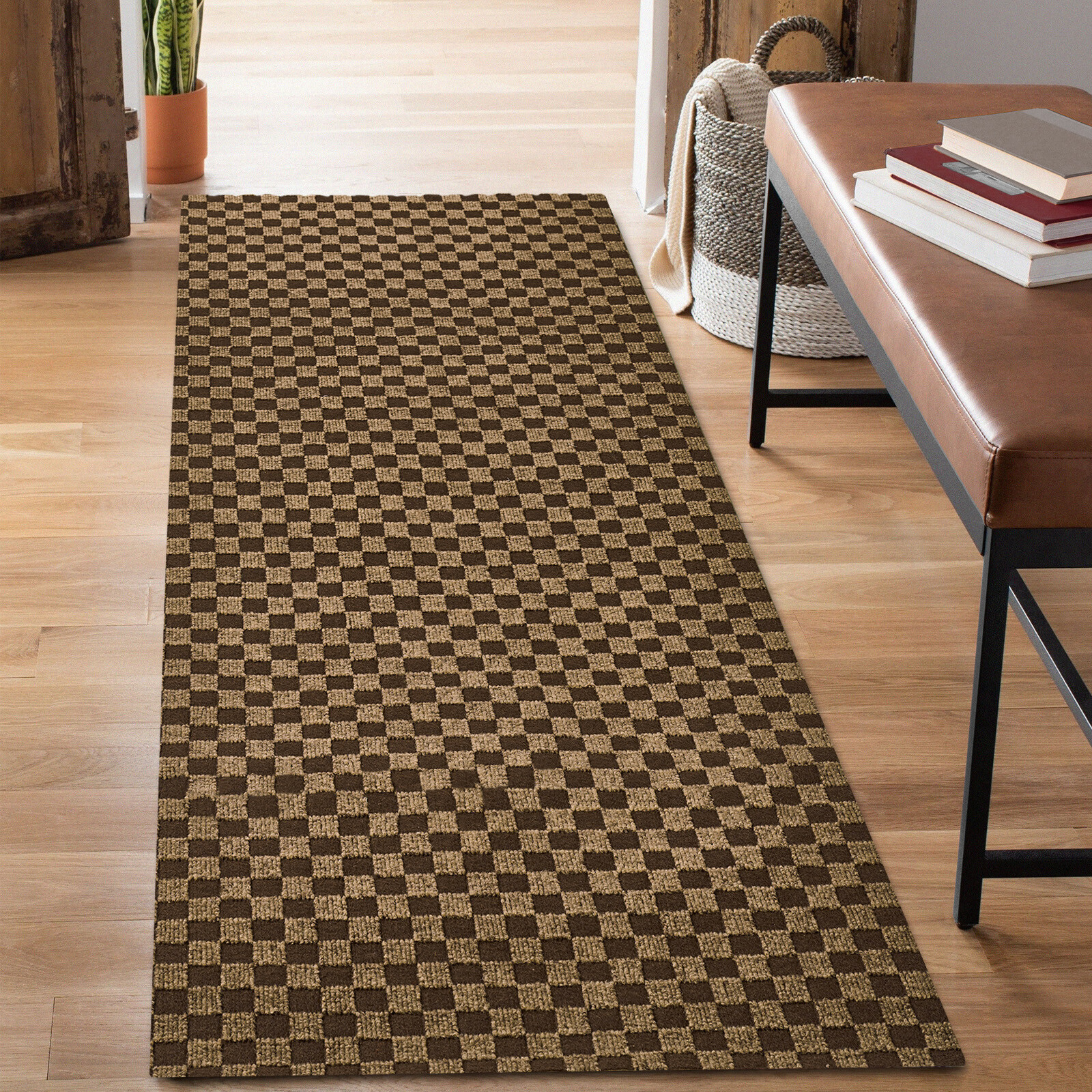 Runner Rug Hallway Non Slip Rubber Back Custom Size as Carpet Doormat Checkered