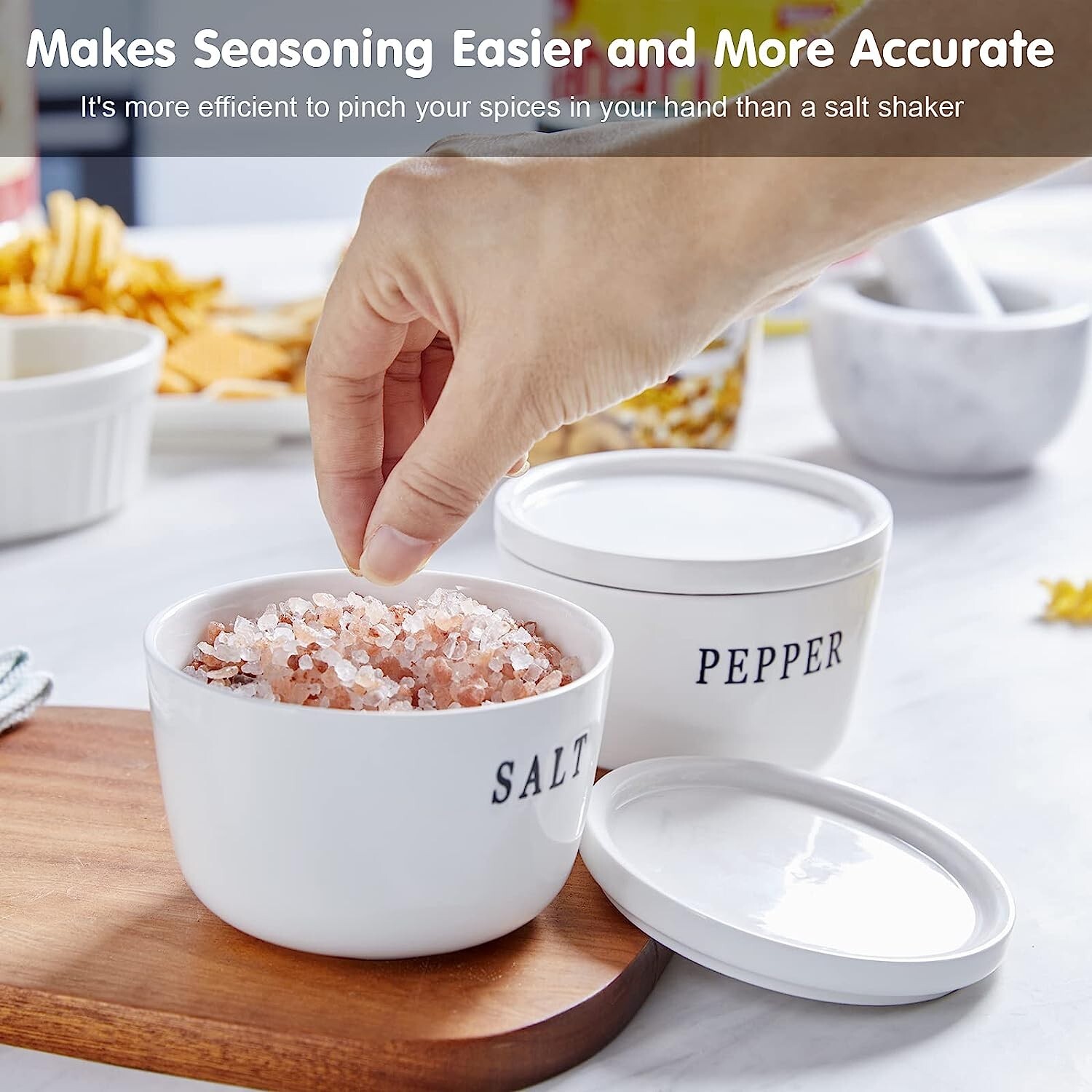 Set of 2 Ceramic Salt and Pepper 10 oz Bowls Container Set with Lids, White