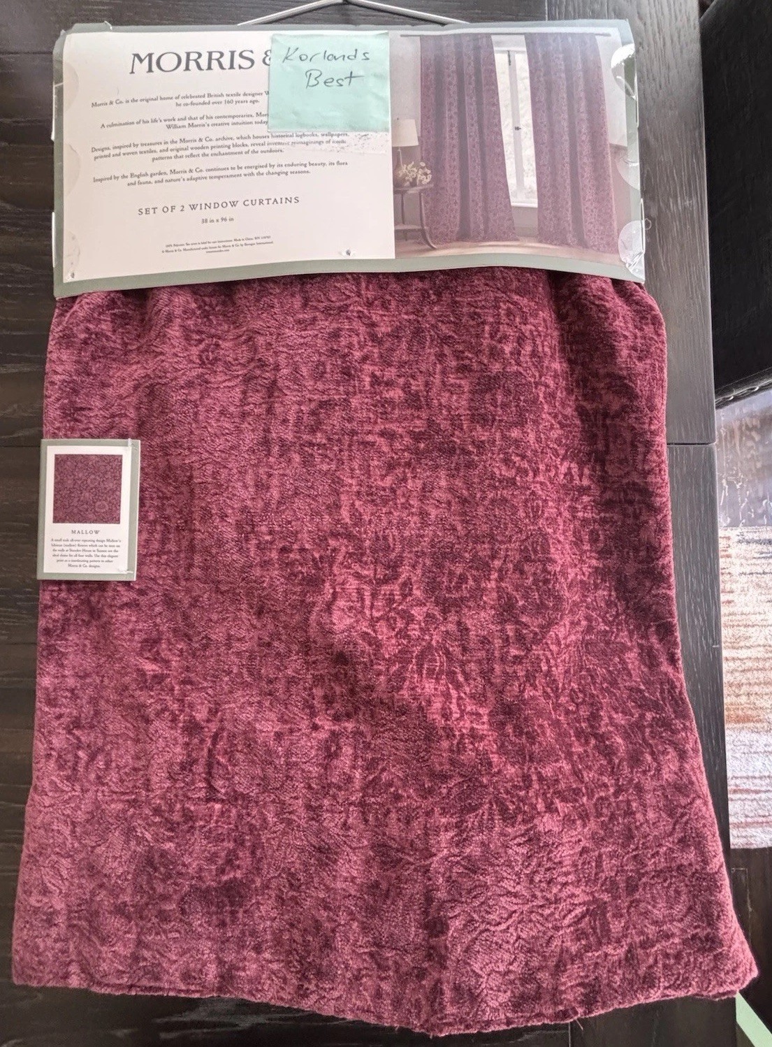 Morris & Co Mallow Burgundy Velvet Floral Back Tap Window Curtain 96” 2 Panels