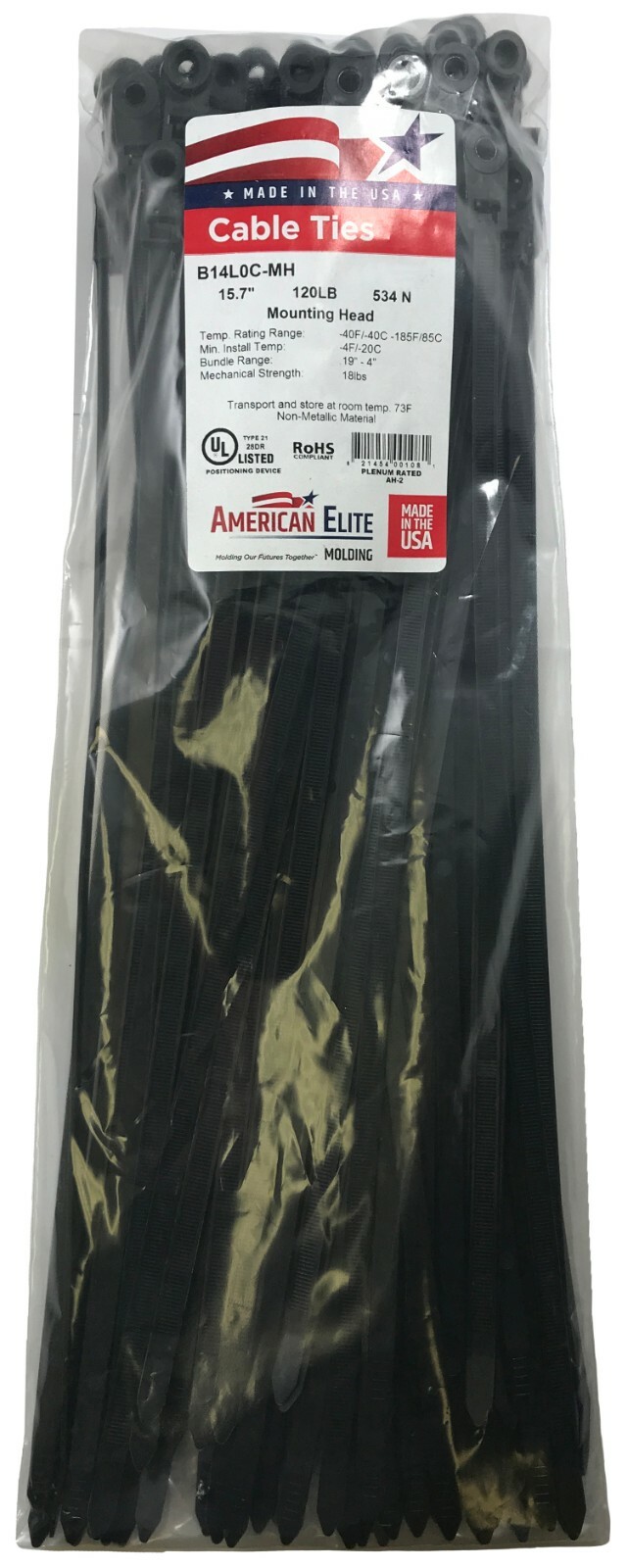 (100) Black Mounting Head Hole 15" Inch Nylon Cable Wire Wrap Zip Tie 120 LB USA