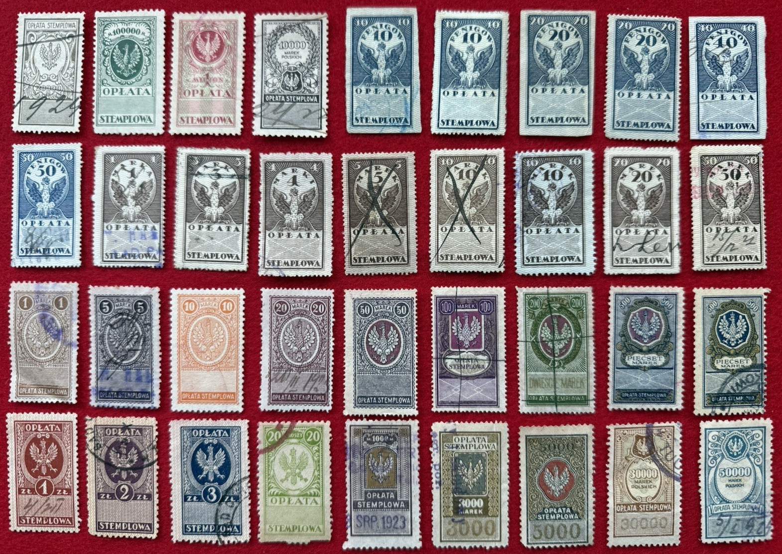 POLAND: Set of 36 DUTY, REVENUE STAMPS 1920-1930 Low/High Value in Pfennig/Marks