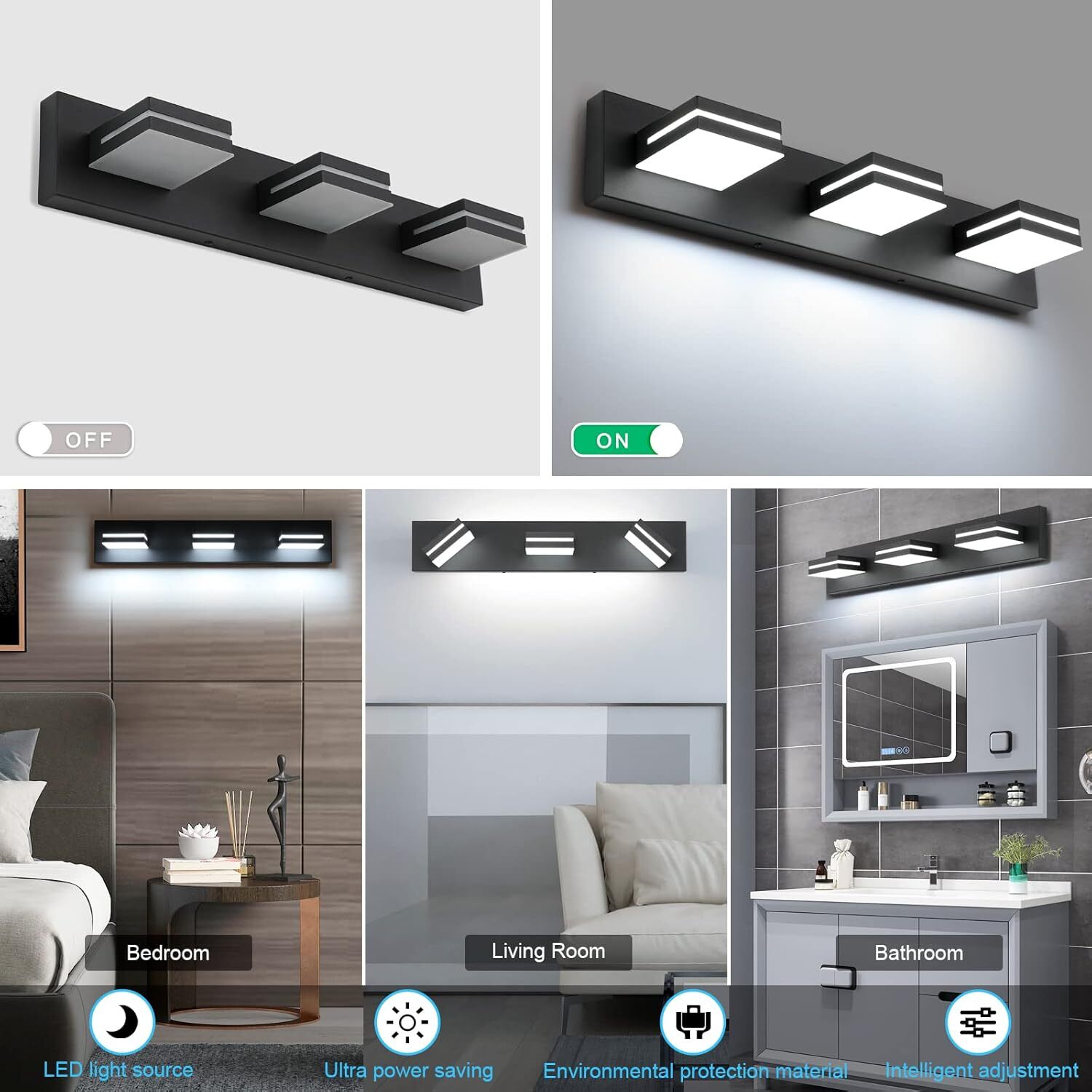 LED Bathroom Vanity Light Fixture 3-Light 24" Matte Black Over Mirror 6000K New