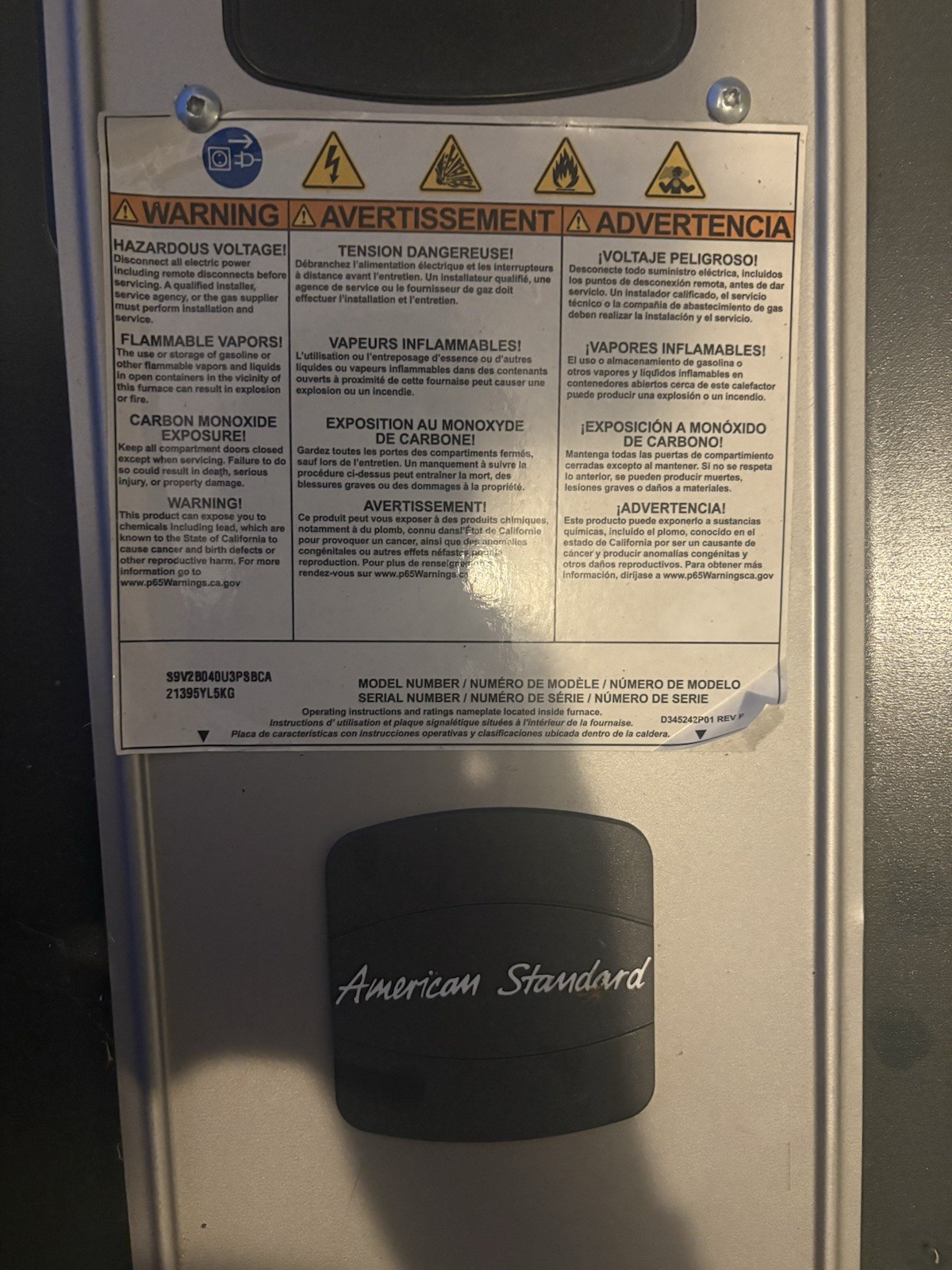 used American Standard S9V2 furnace