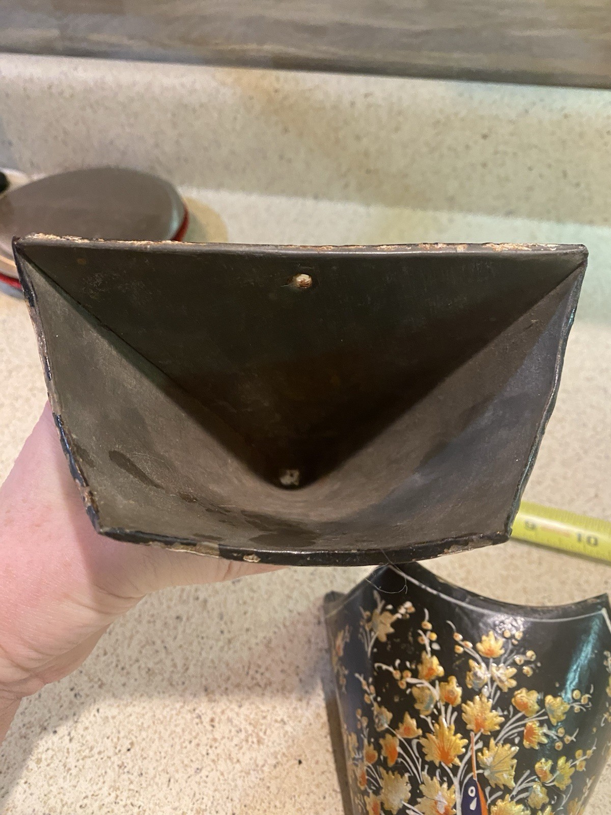 Set Of VINTAGE ASIAN CHINOESERIE BLACK LACQUER WALL POCKETS Orange Florals Birds