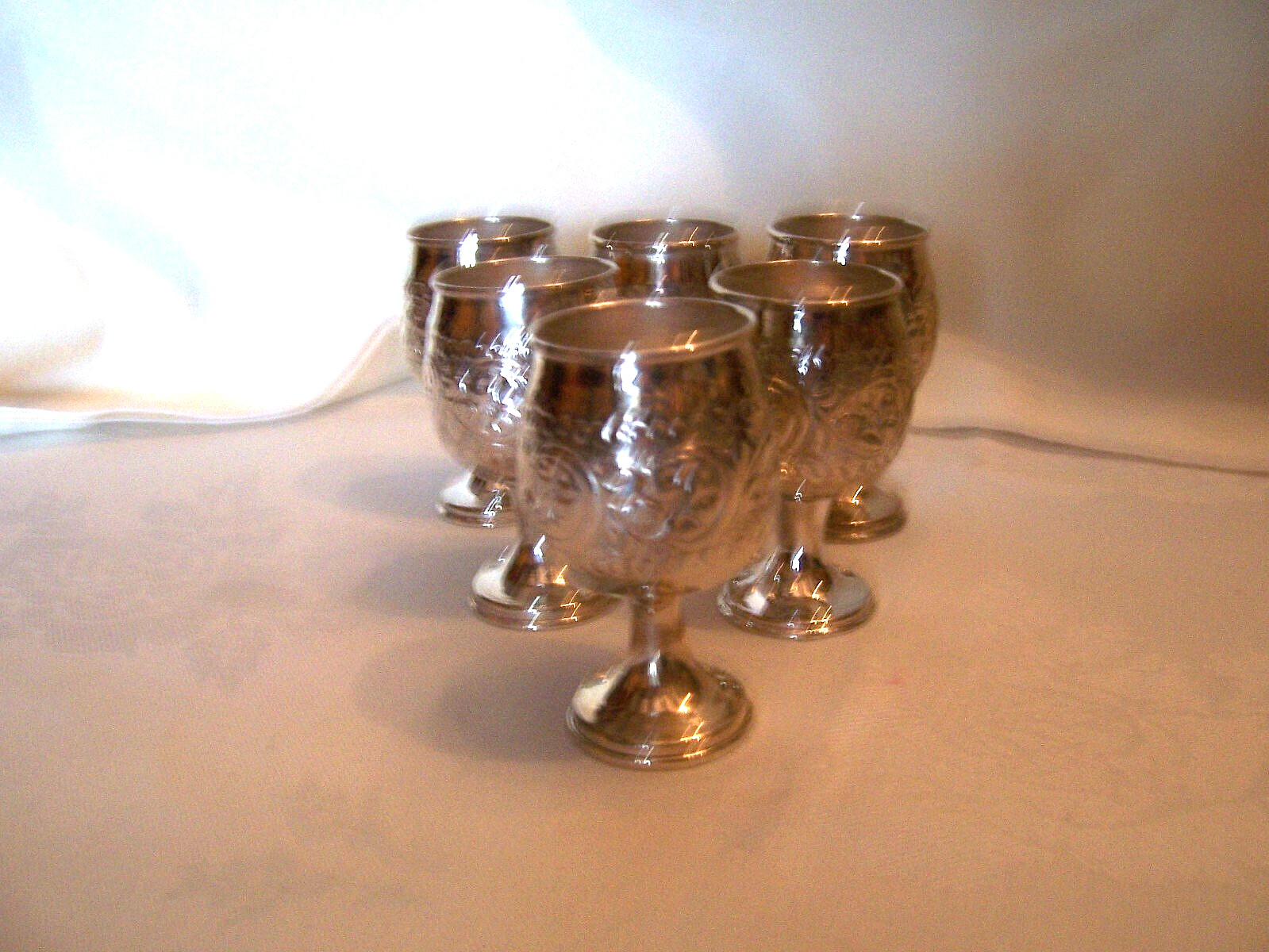 6 EAST INDIAN SOLID SILVER LIQUER APERTIF CHASED DELICATE GLASSES 6.5ounces