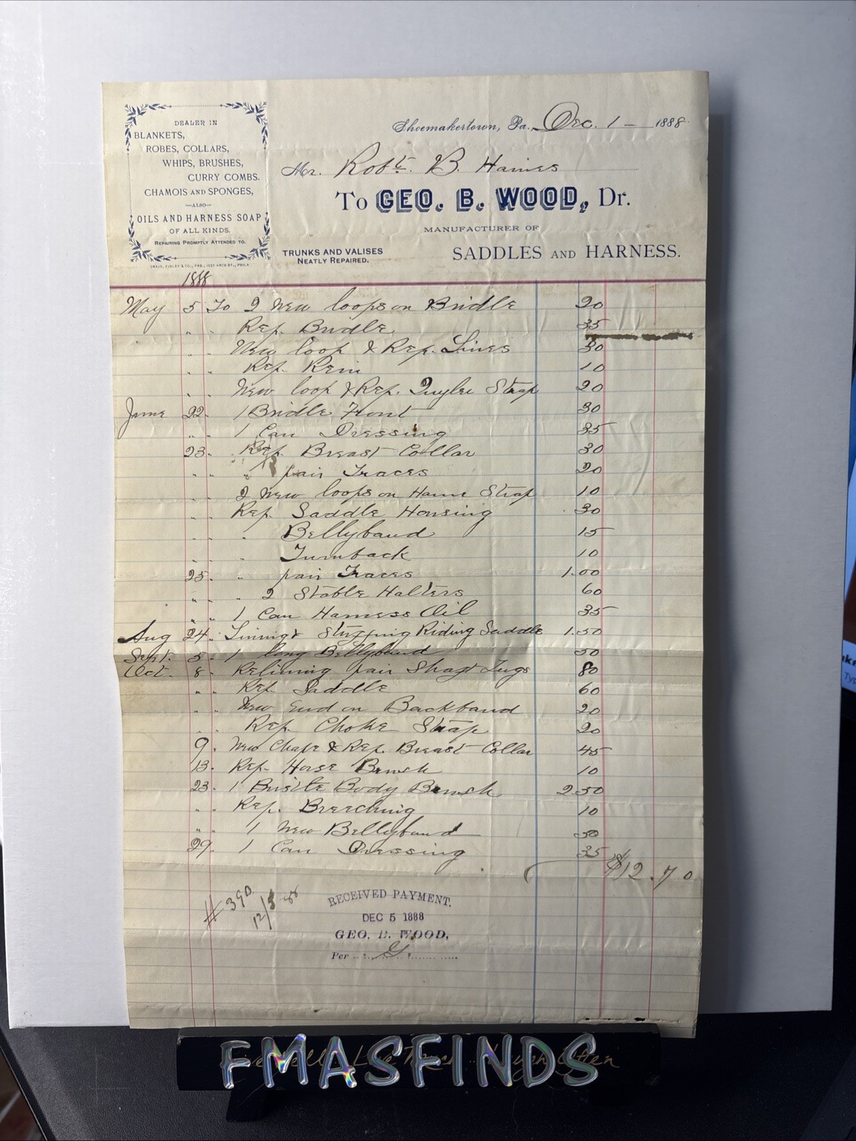 H2 1888 Vintage GEORGE B WOOD Saddles & Harness Billhead Invoice HORSE Tack