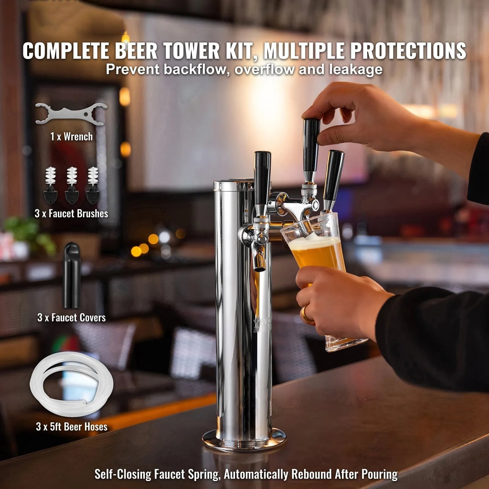 3 Tap Kegerator Beer Tower Stainless Steel Insulated Self-Closing Faucets Kit