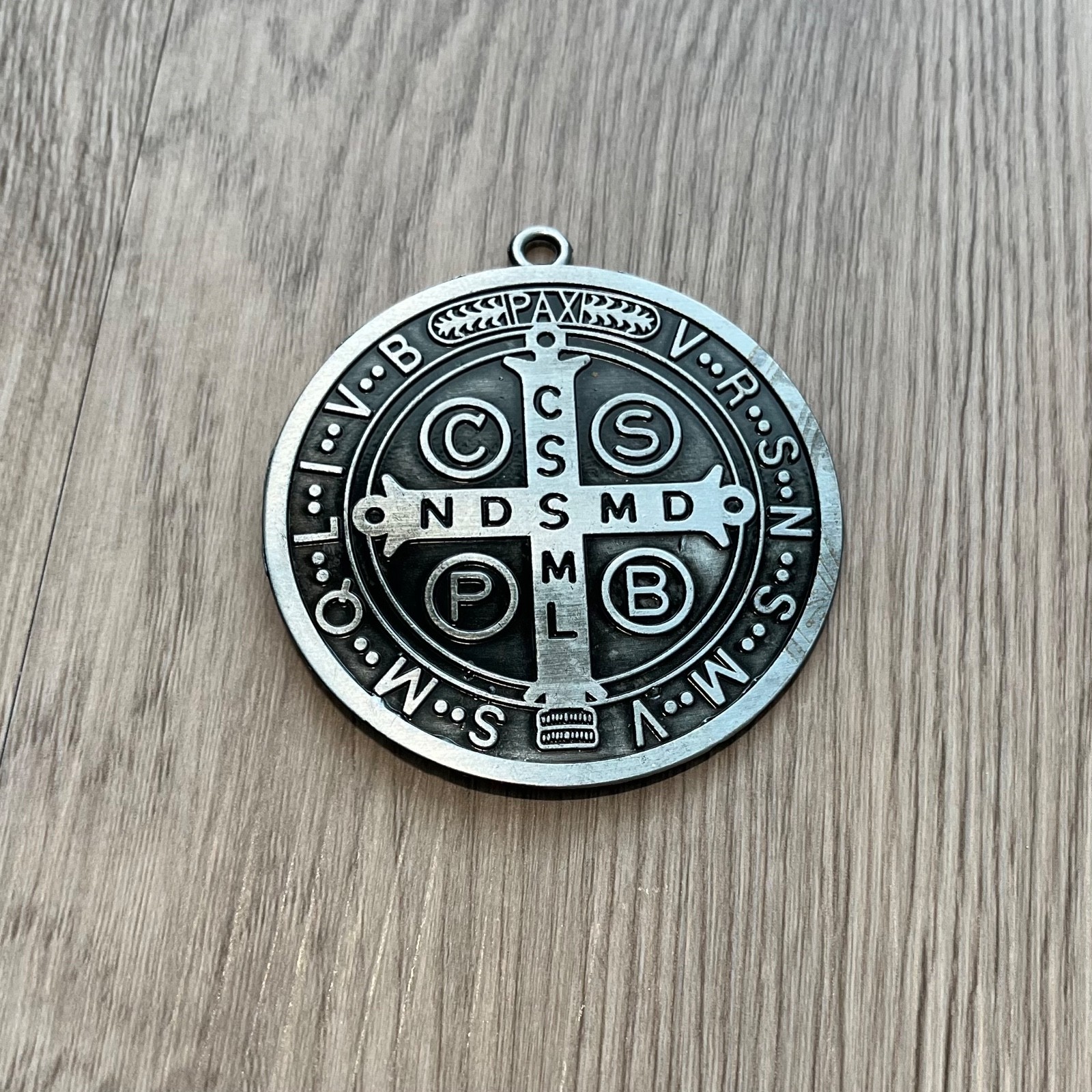 Catholic St Benedict Large Medal Antique Silver Tone Medalla Medallón San Benito