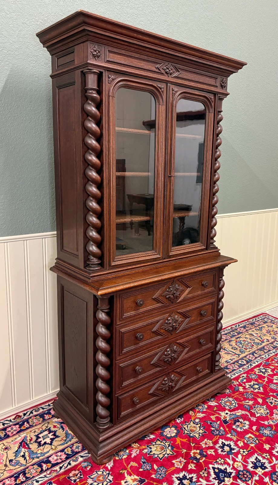 Antique French Bookcase & Chest of Drawers Display Cabinet Barley Twist Oak