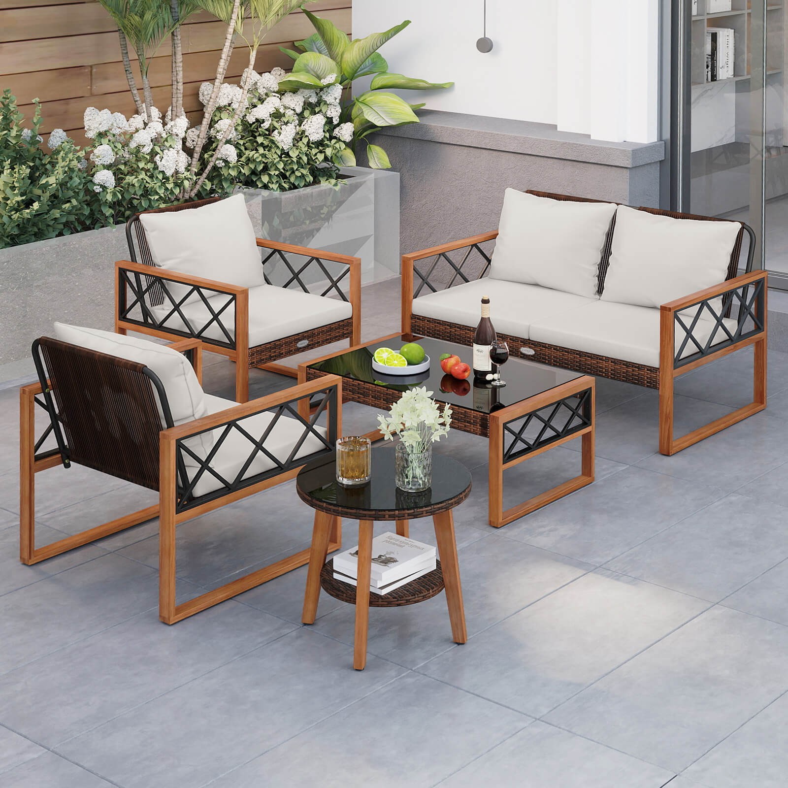 5 PCS PE Wicker Patio Furniture Set w/Acacia Wood Frame Cushions for Deck Garden