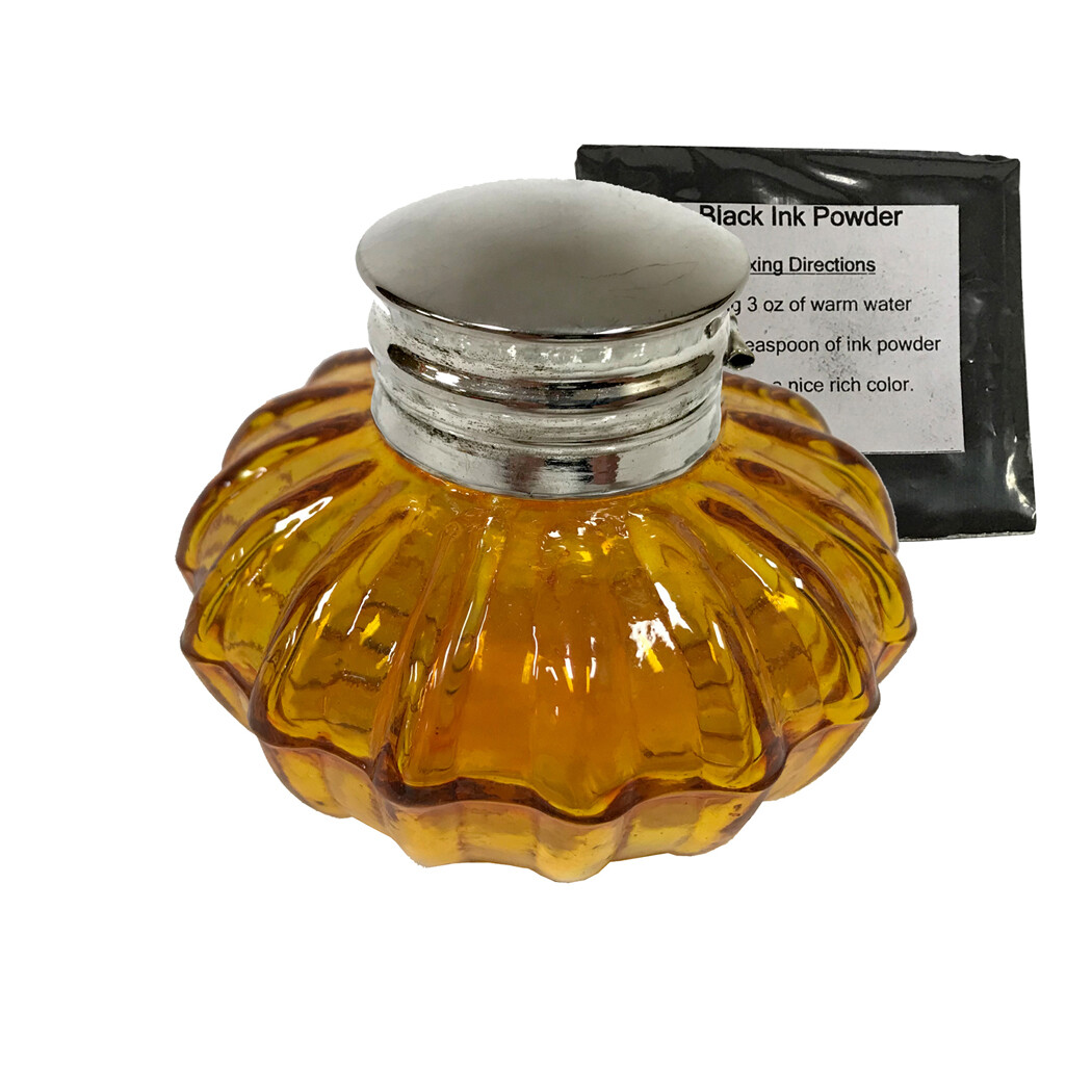 Amber Swirl Thick Glass Inkwell with Ink, Antique Vintage Style