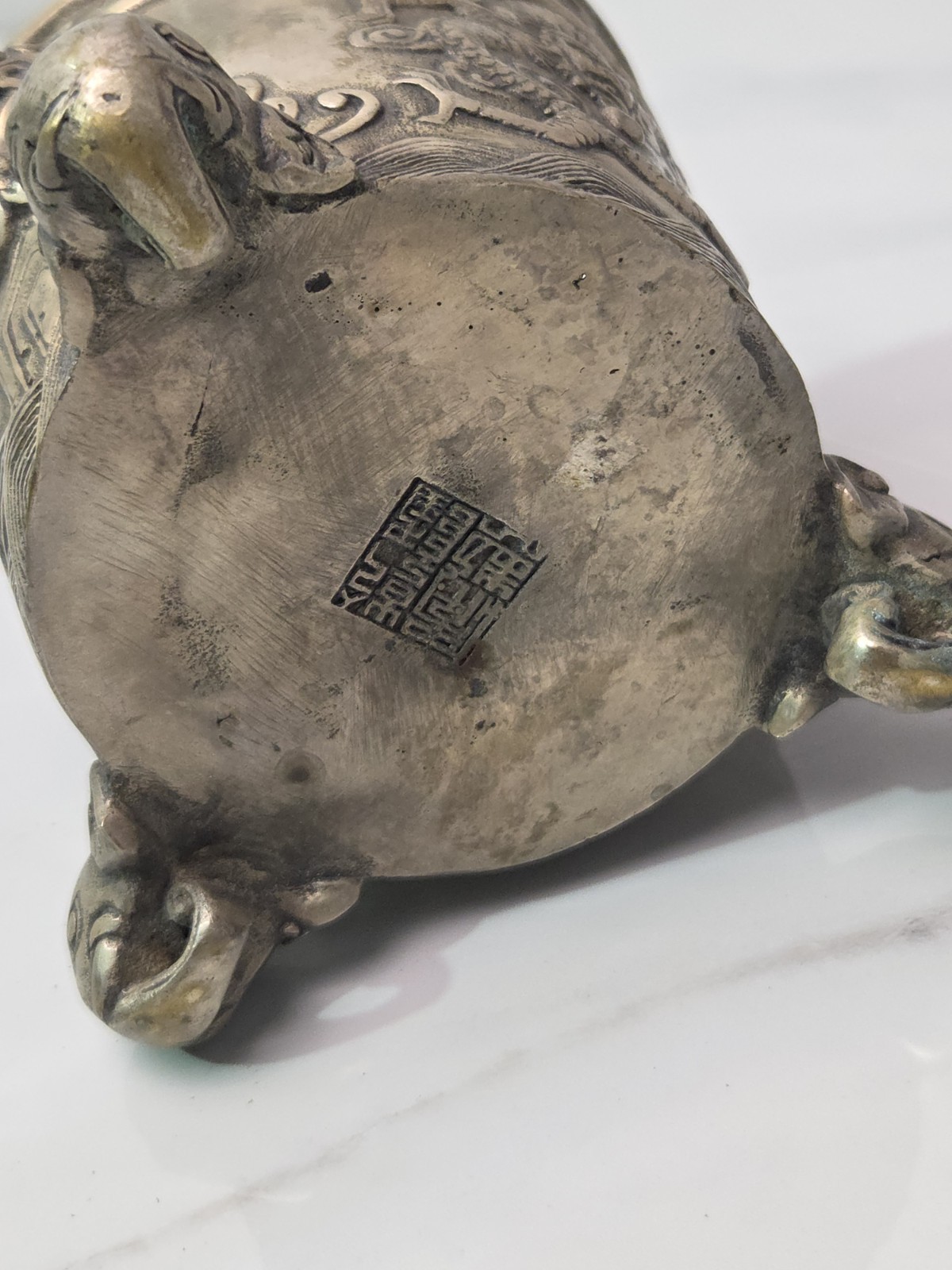 6" Qianlong Marked Copper Silver Dragon Beast Pattern Incense Burner Censer VTG