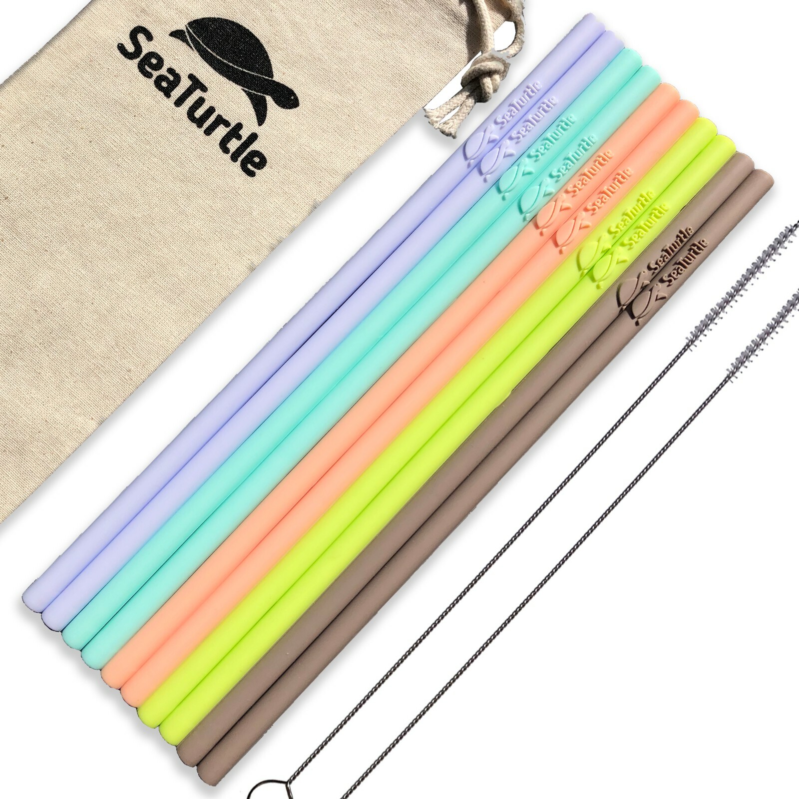 SeaTurtle Reusable Silicone Straws - 10 Pack - /w Cotton Bag and Cleaning Brush