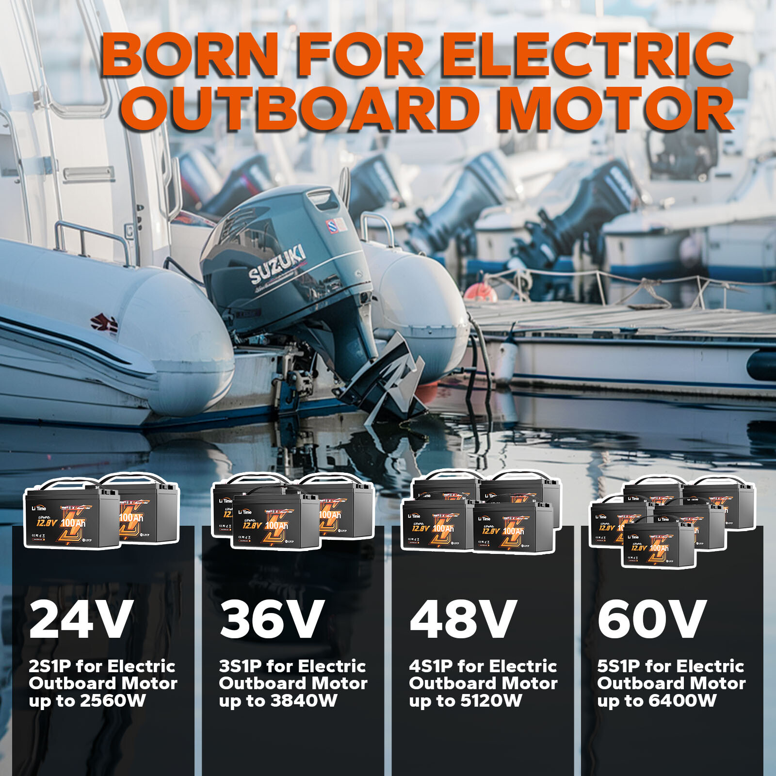 LiTime 12/24V/36V/48V/60V 100Ah OBM Bluetooth LiFePO4 Battery Outboard Motor Lot