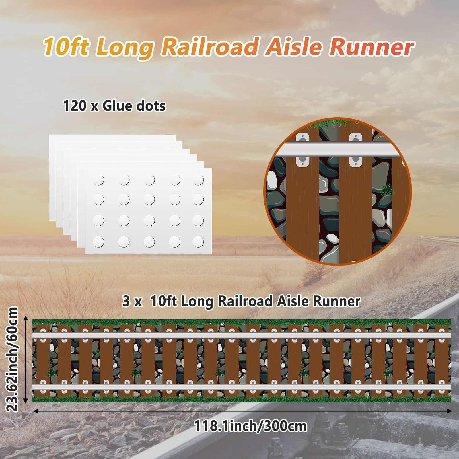 3 Pack 24 Inch x 10 ft Western Plastic Railroad Track Aisle Runner Party Deco