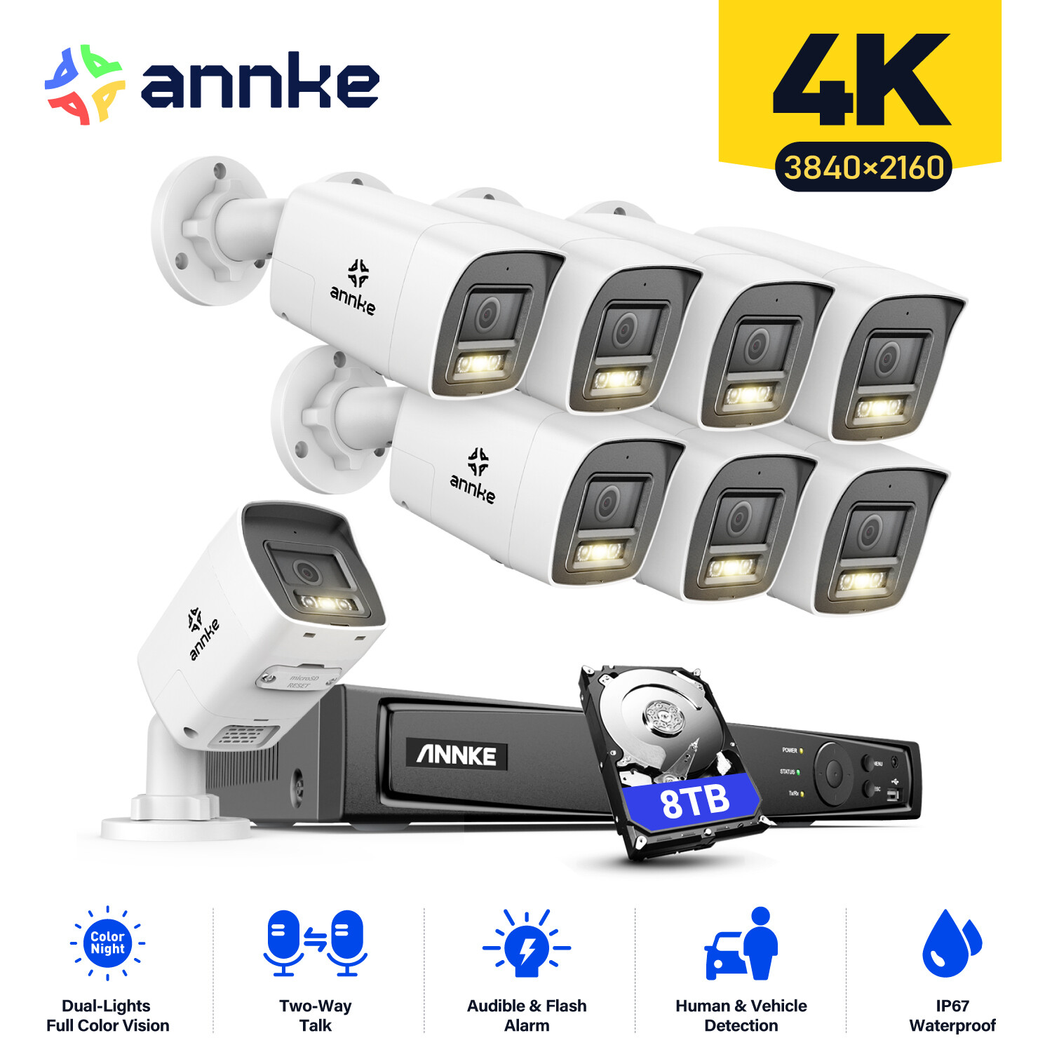 ANNKE Two Way Audio 4K POE Security Camera System 8CH 12MP NVR Color Night CCTV
