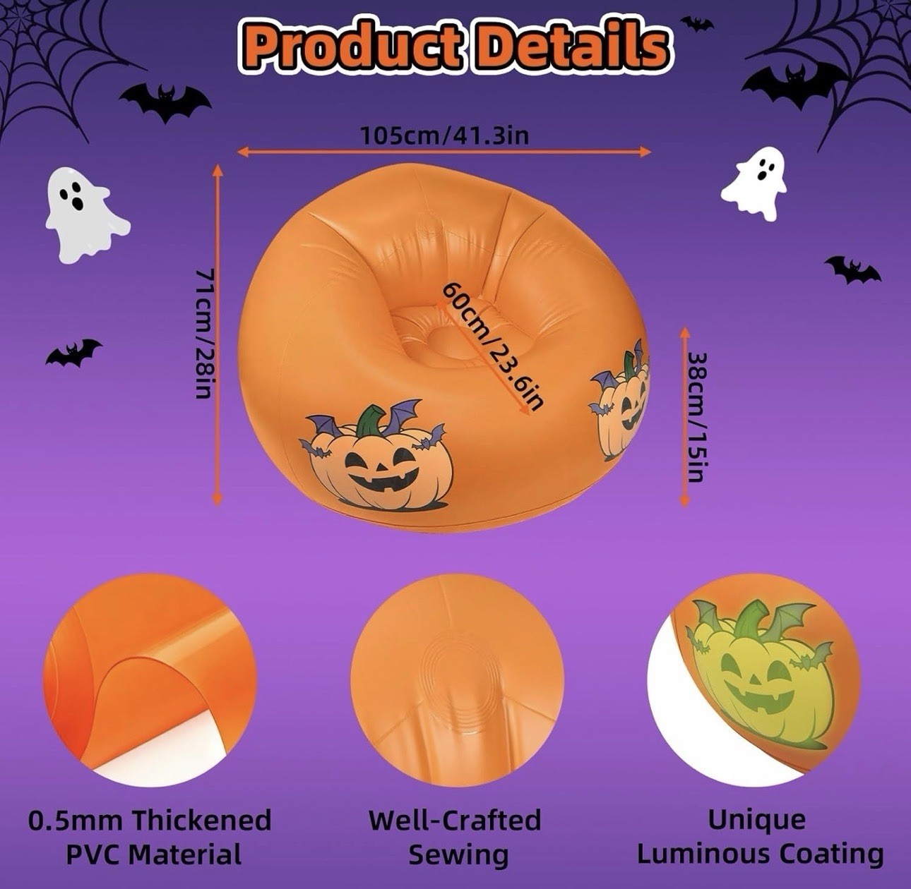 Inflatable Bean Bag Chair Sofa for with Pumpkin Pattern Glow in The Dark, Blo...