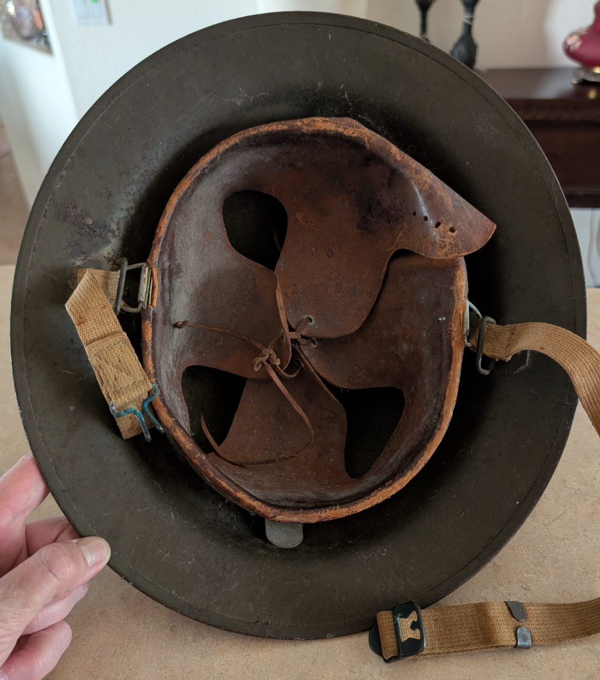 WW2 M1917A1 KELLY Helmet with Leather Liner Chin Strap Skull Pad 1930s 8C